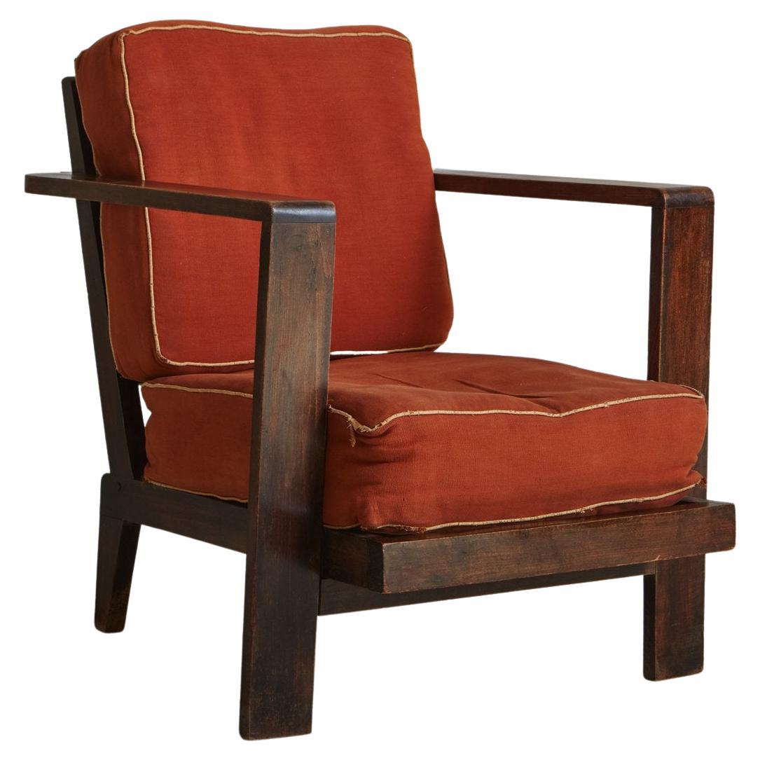 Wood Frame Lounge Chair with Cushion in the Style of Rene Gabriel, France, 1940s