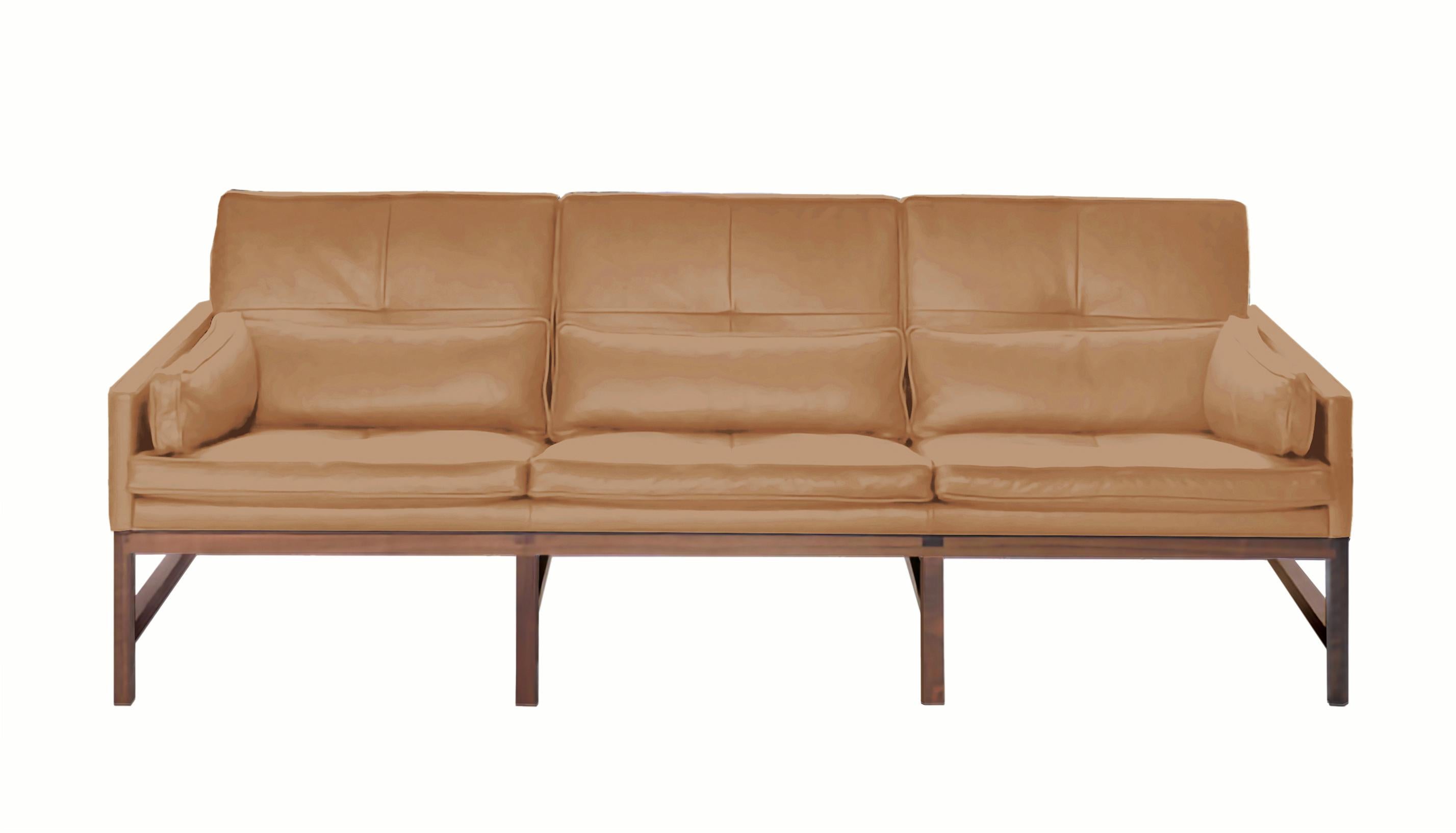 For Sale: Brown (Comfort 43632 Camel) Wood Frame Low Back Sofa in Walnut and Leather Designed by Craig Bassam