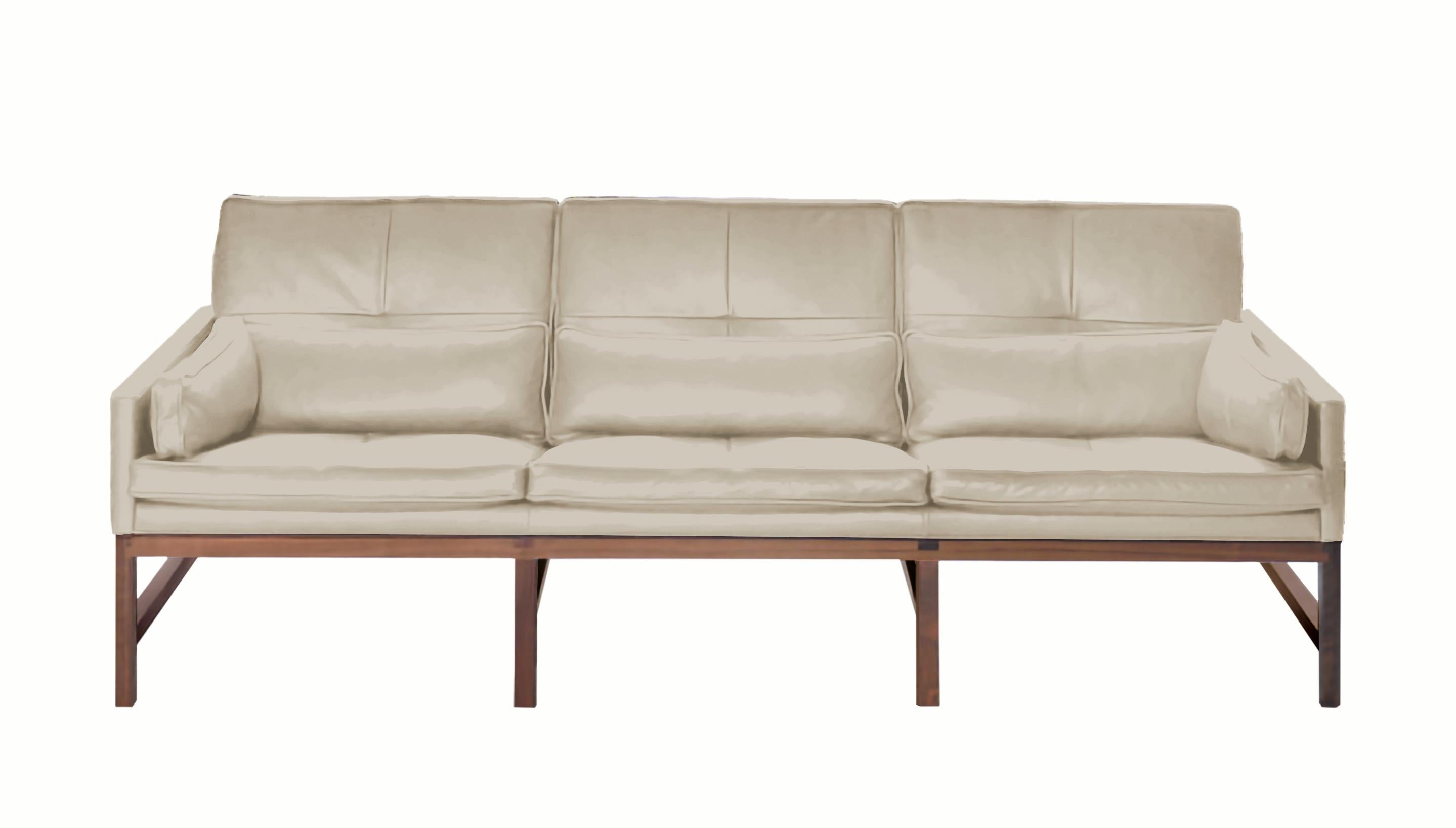 For Sale: Gray (Comfort 12114 Gray Beige) Wood Frame Low Back Sofa in Walnut and Leather Designed by Craig Bassam