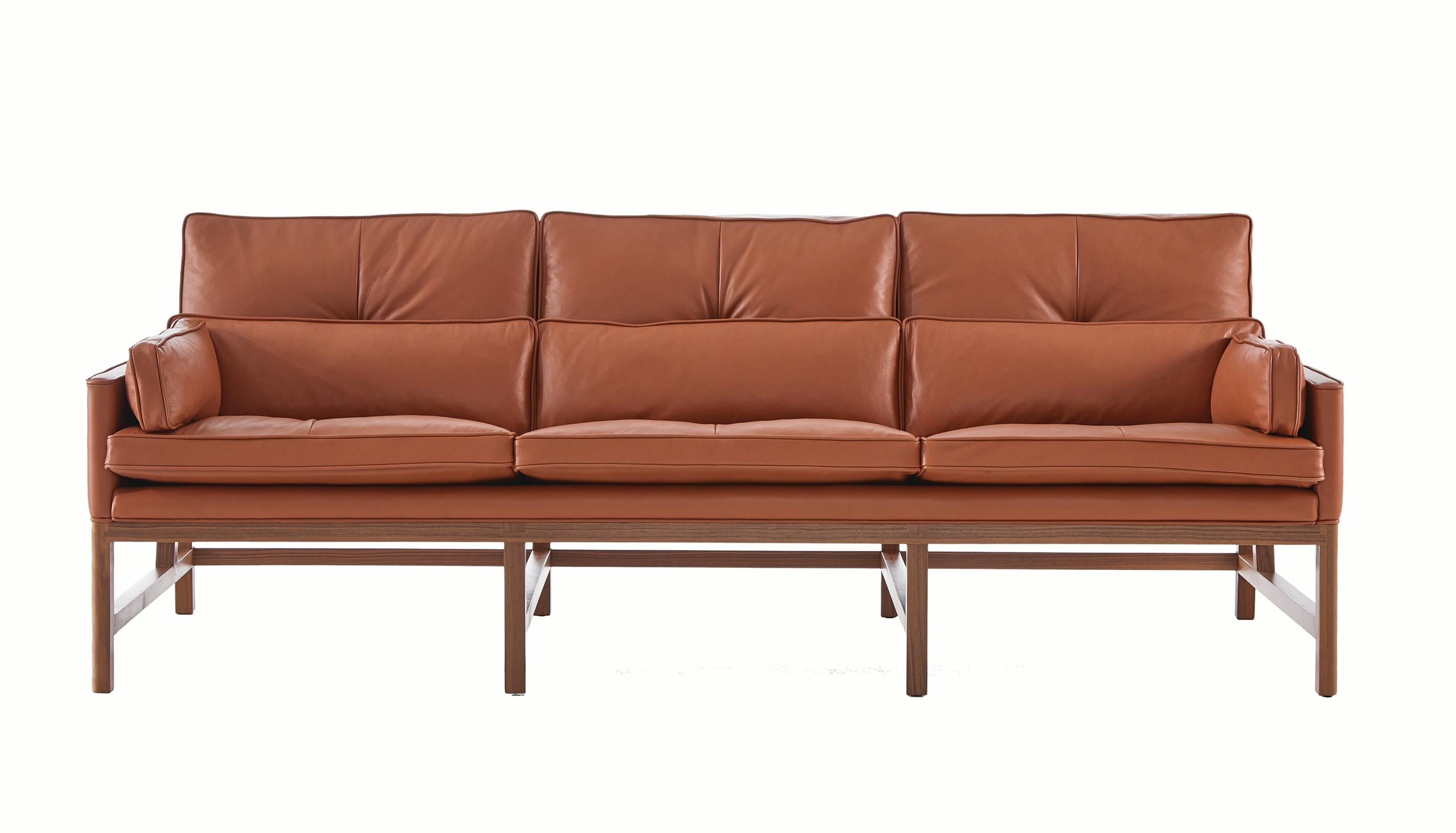 For Sale: Brown (Comfort 33286 Chestnut Brown) Wood Frame Low Back Sofa in Walnut and Leather Designed by Craig Bassam