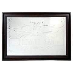 Wood Frame Wheel Cut Foliage Motifs "Private Bar" Wall Mirror