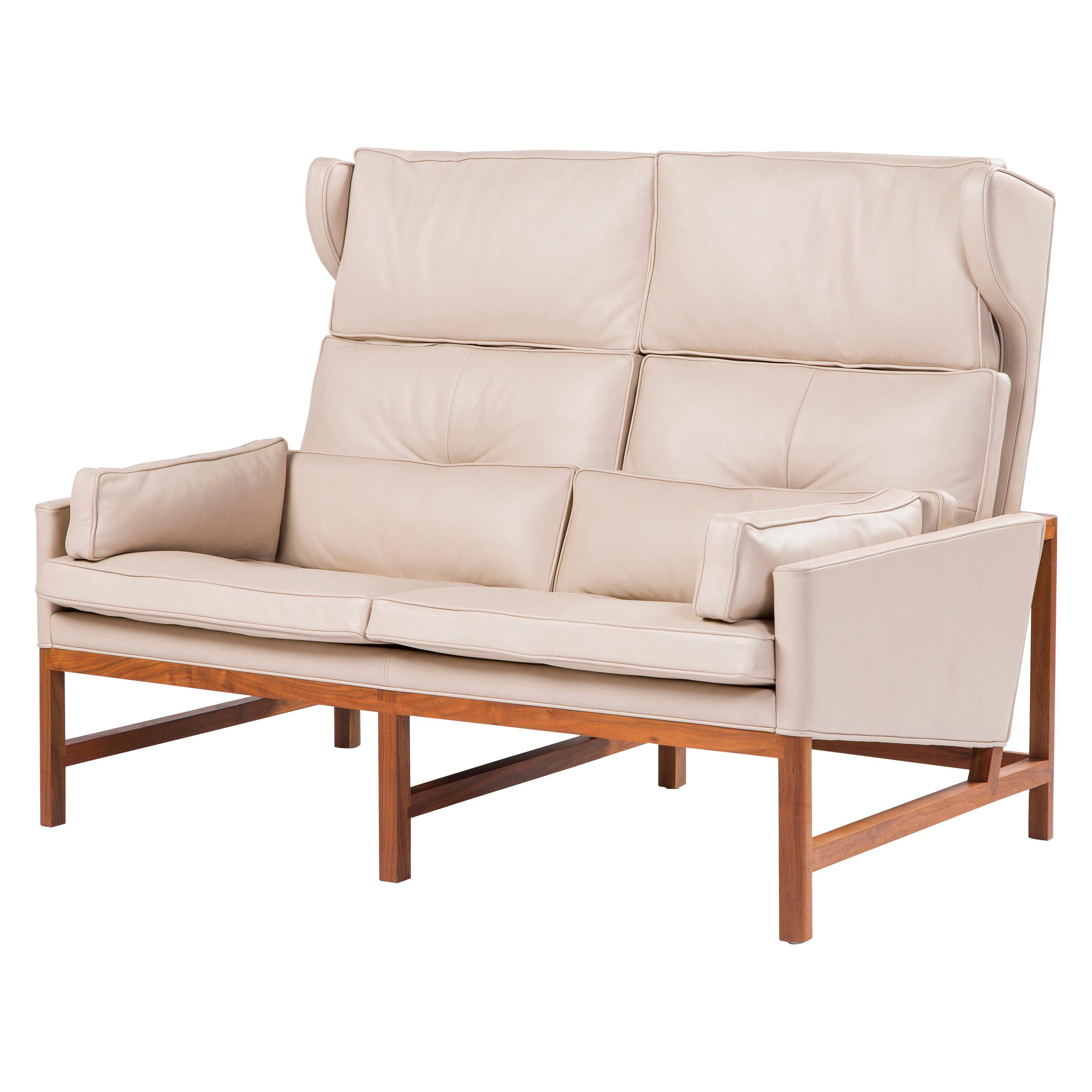 For Sale: Beige (Comfort 02067 Beige) Wood Frame Wing Back Settee in Walnut and Leather Designed by Craig Bassam