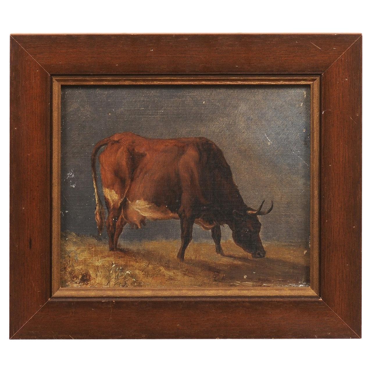 Wood Framed Oil on Canvas Painting of Cow, 19th Century
