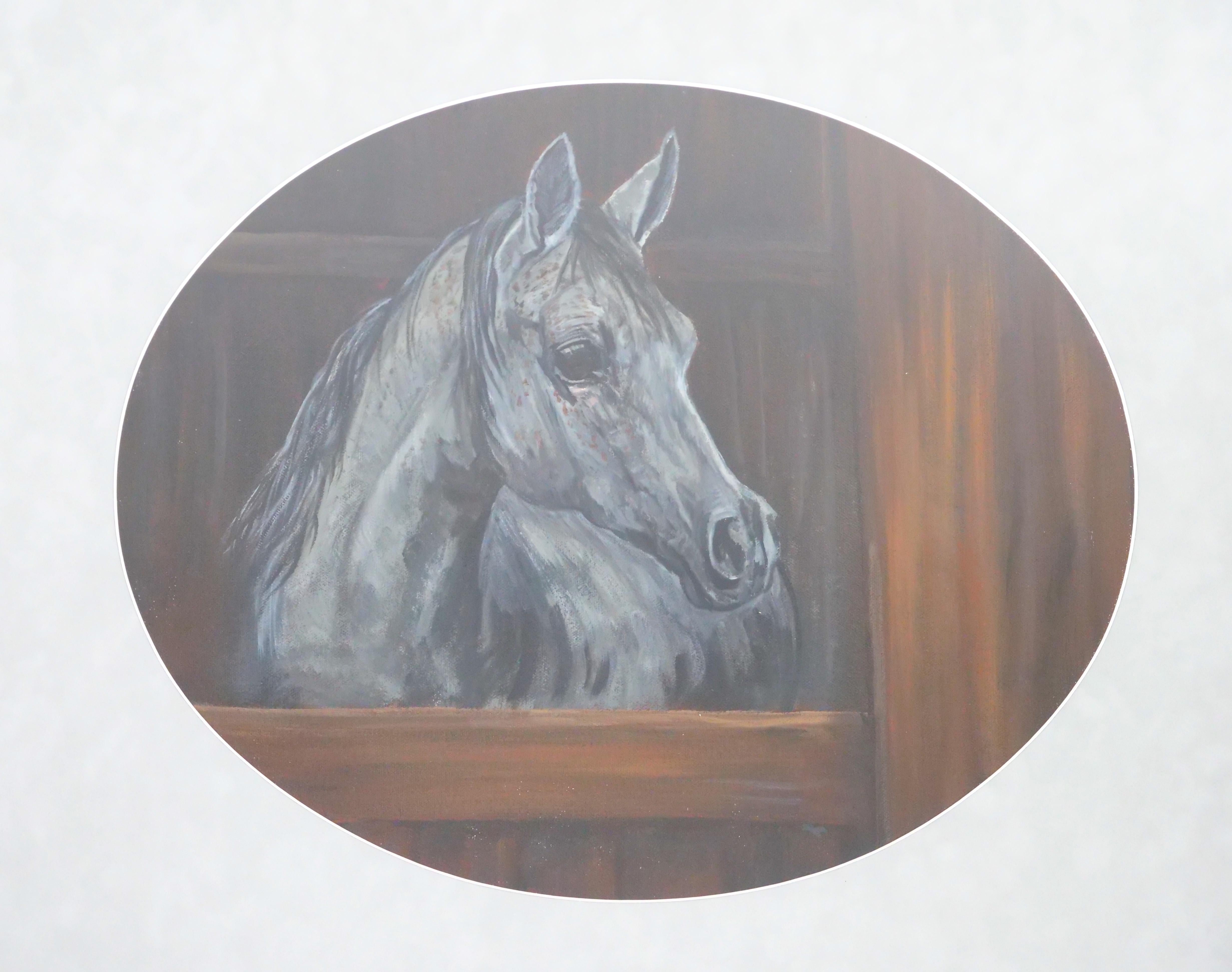 Elevate your space with the timeless allure of this exceptional oil painting on canvas, capturing the regal presence of a handsome horse adorned in a striking silver and grey coat. The artistry unfolds as the horse peers curiously from its stable,