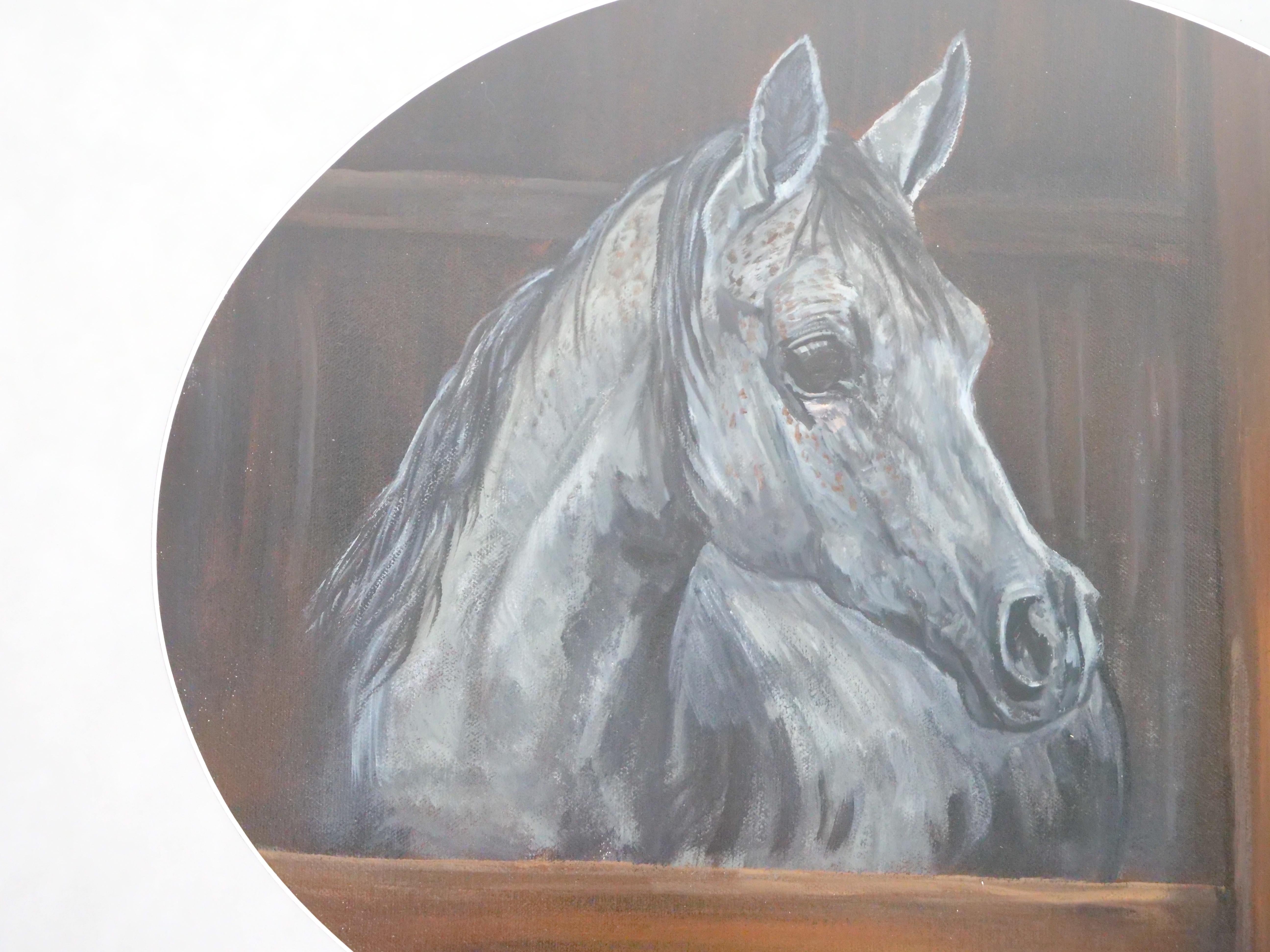 Hand-Painted Wood Framed Oil Painting of a Horse in Stable For Sale