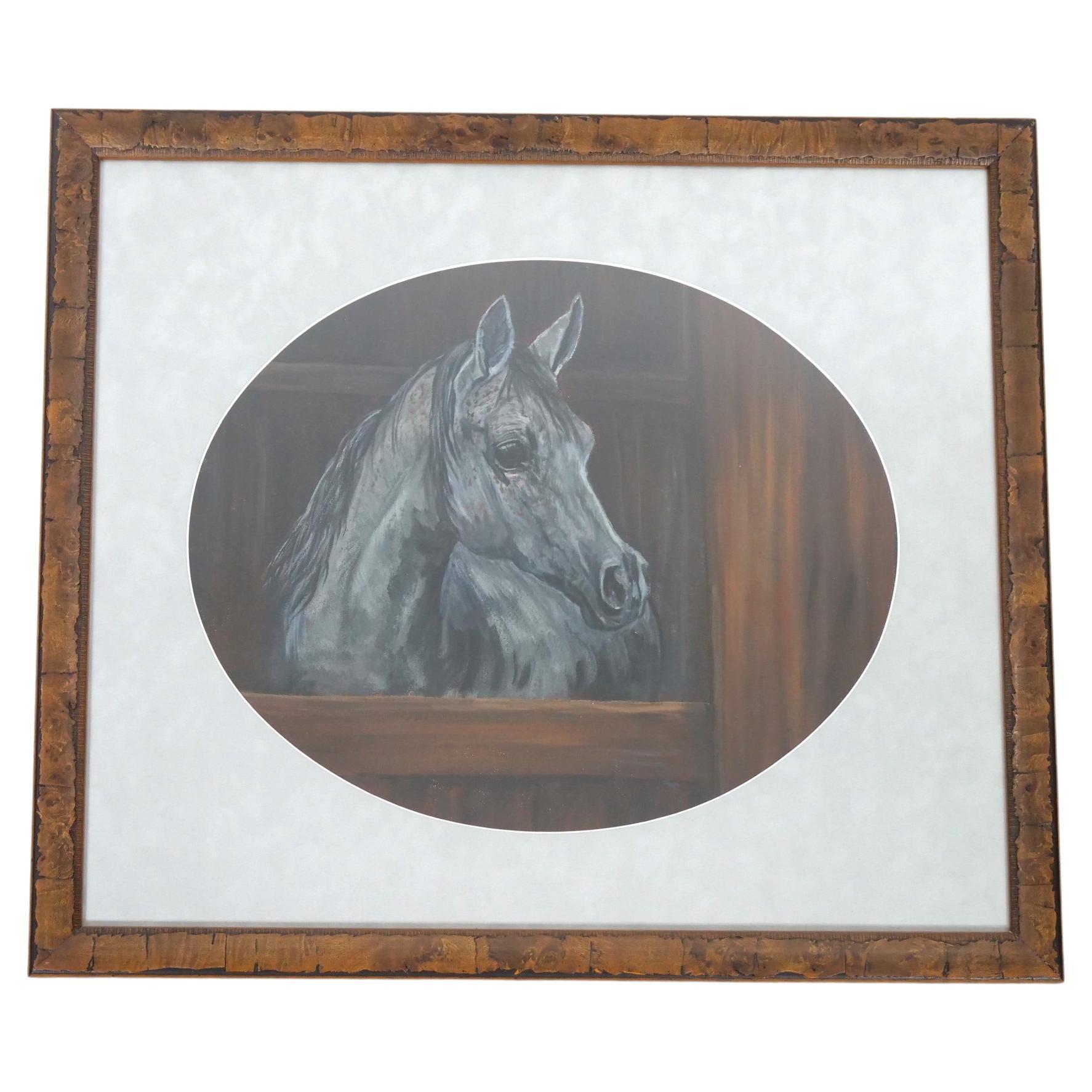 Wood Framed Oil Painting of a Horse in Stable For Sale