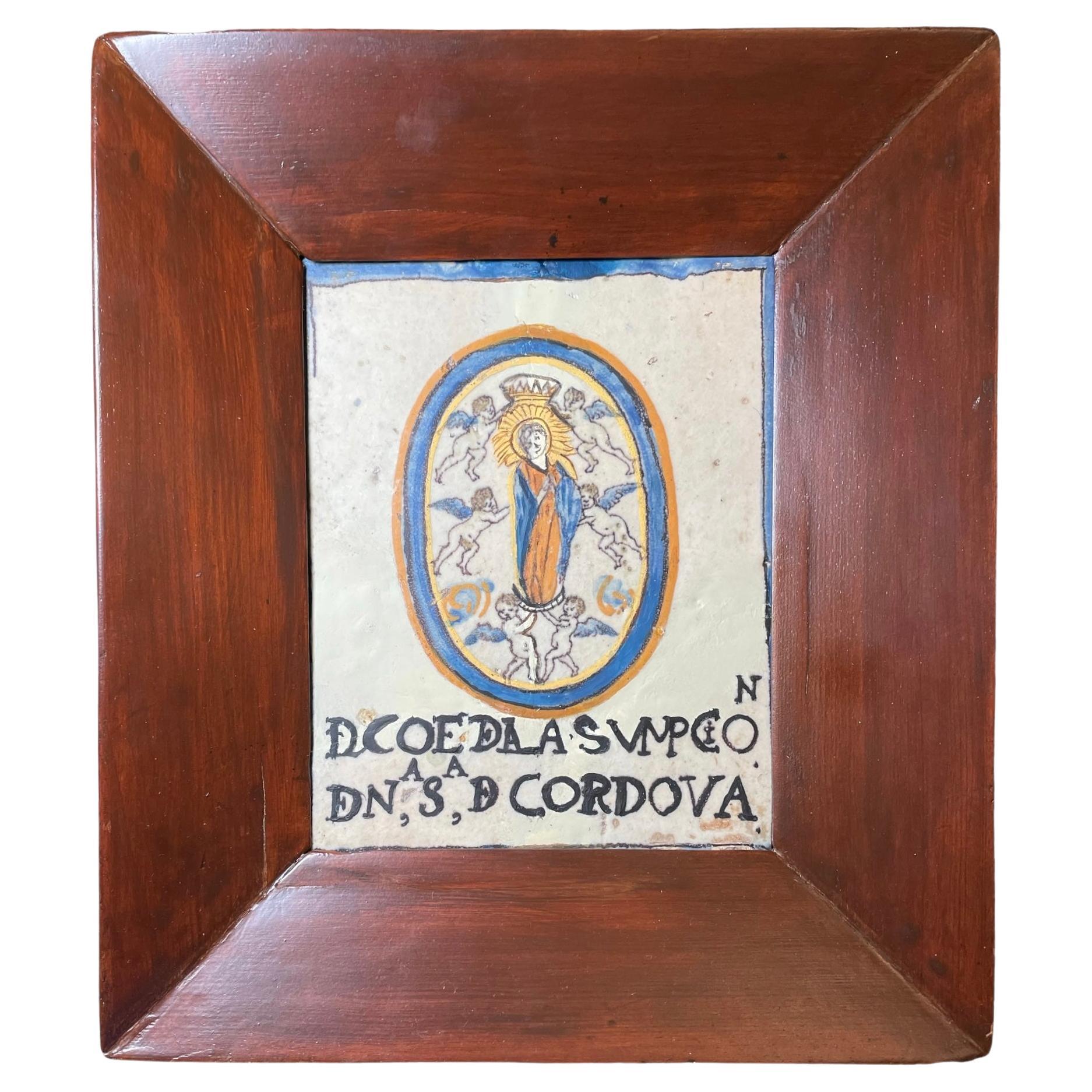 Wood Framed Tile of The Holy Crowned Virgin Of The Heart Of Cordova For Sale
