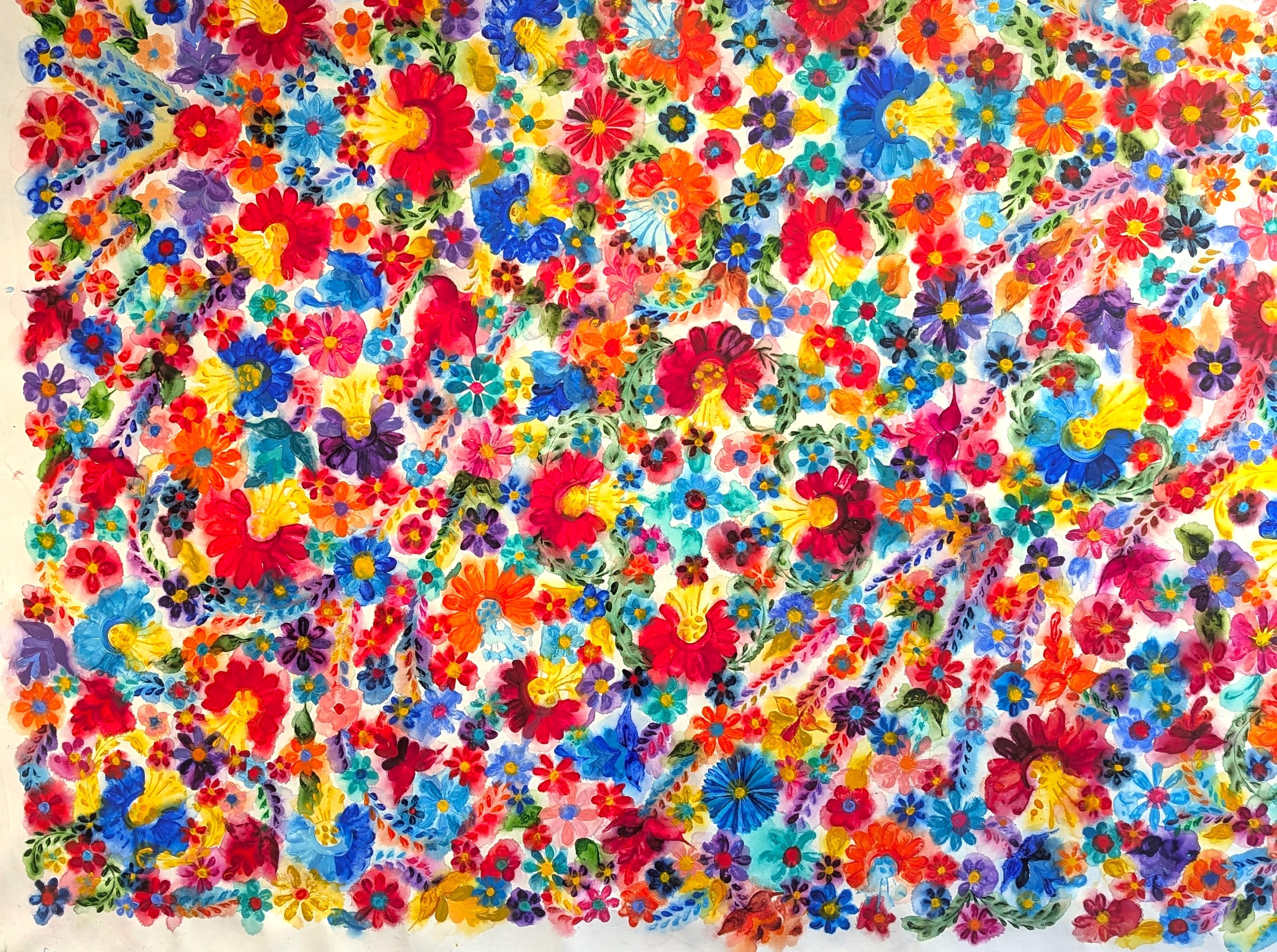 Quadro floreale astratto contemporaneo di grandi dimensioni dell'artista texano Wood Anthony Francher. Ispirata ai ricami floreali e ai tessuti messicani, l'opera è un'esplosione di colore. Al momento non è stato teso. Non sono incluse le