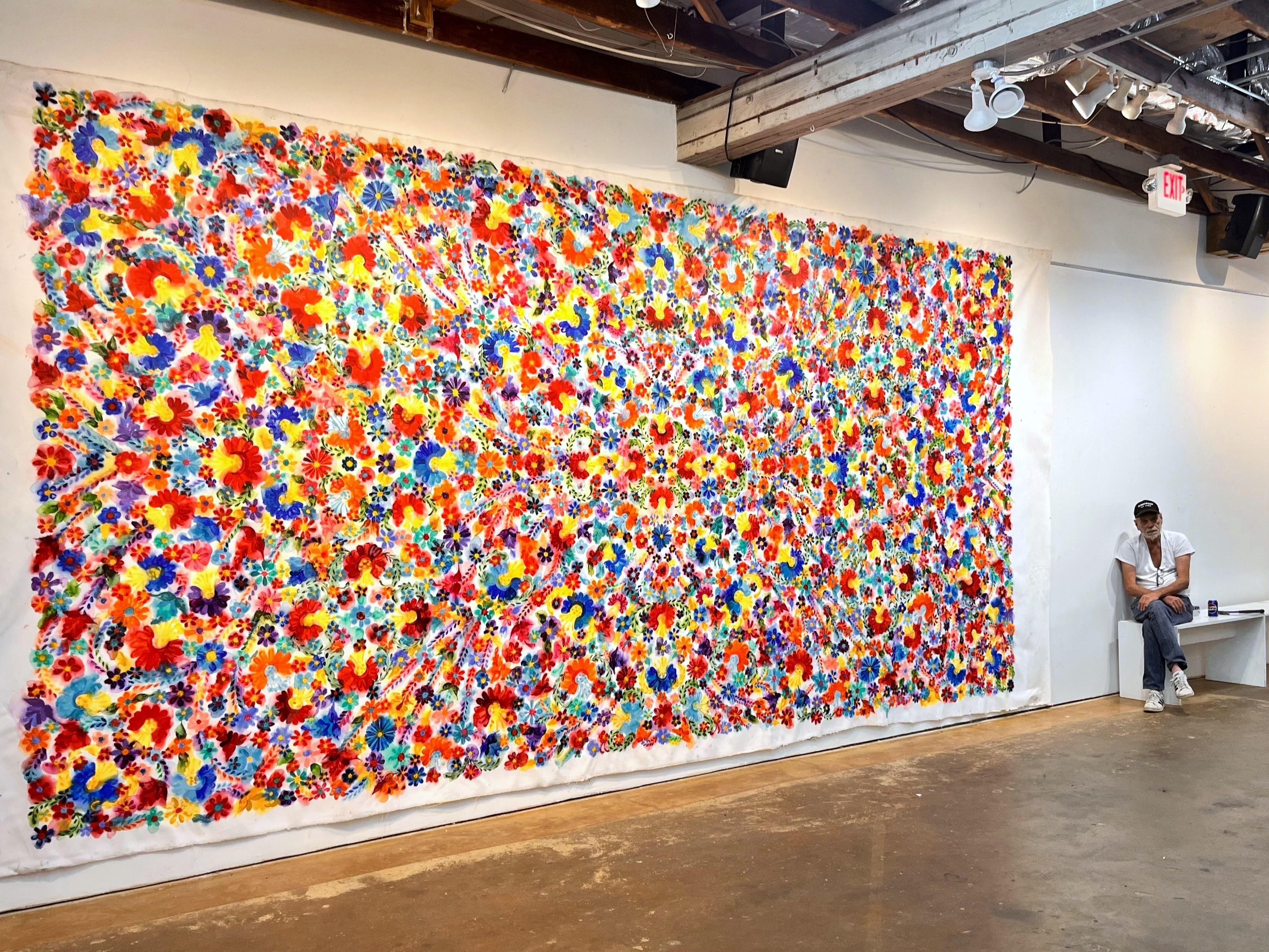 Abstract Painting di Wood Francher Anthony - "Caleidoscopio" Pittura contemporanea astratta floreale di grandi dimensioni ispirata al tessuto