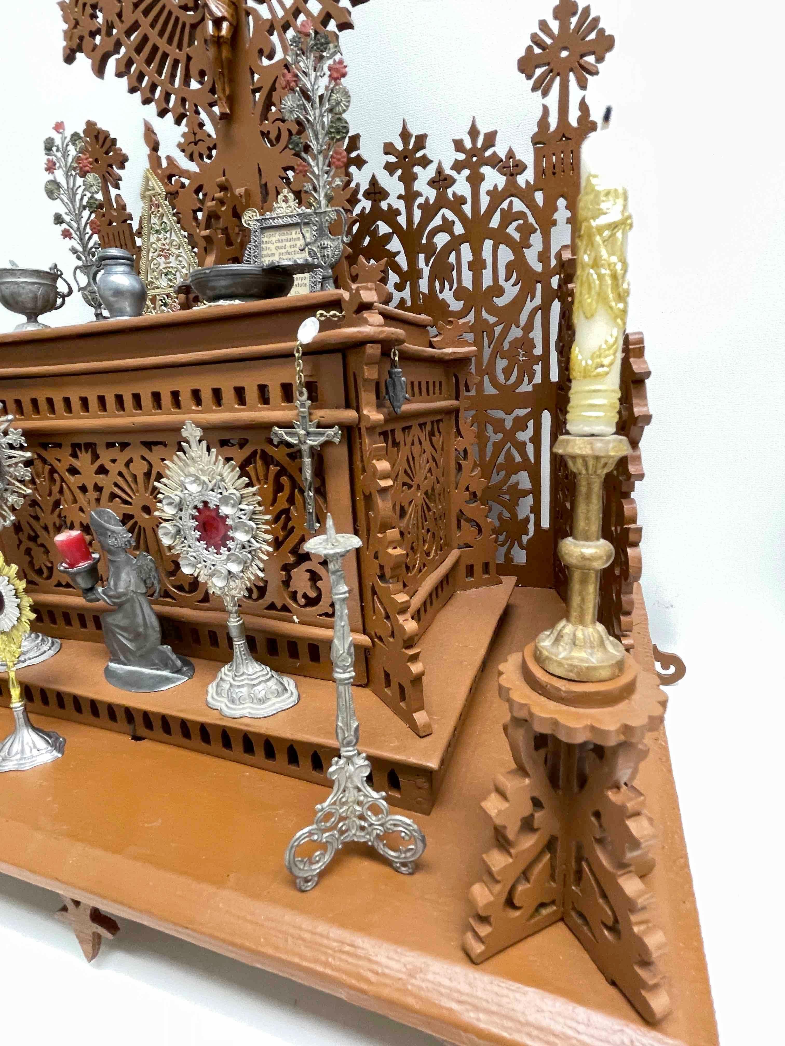 Pewter Wood Fretwork House Altar with Accessories Black Forest Folk Art 1900s For Sale