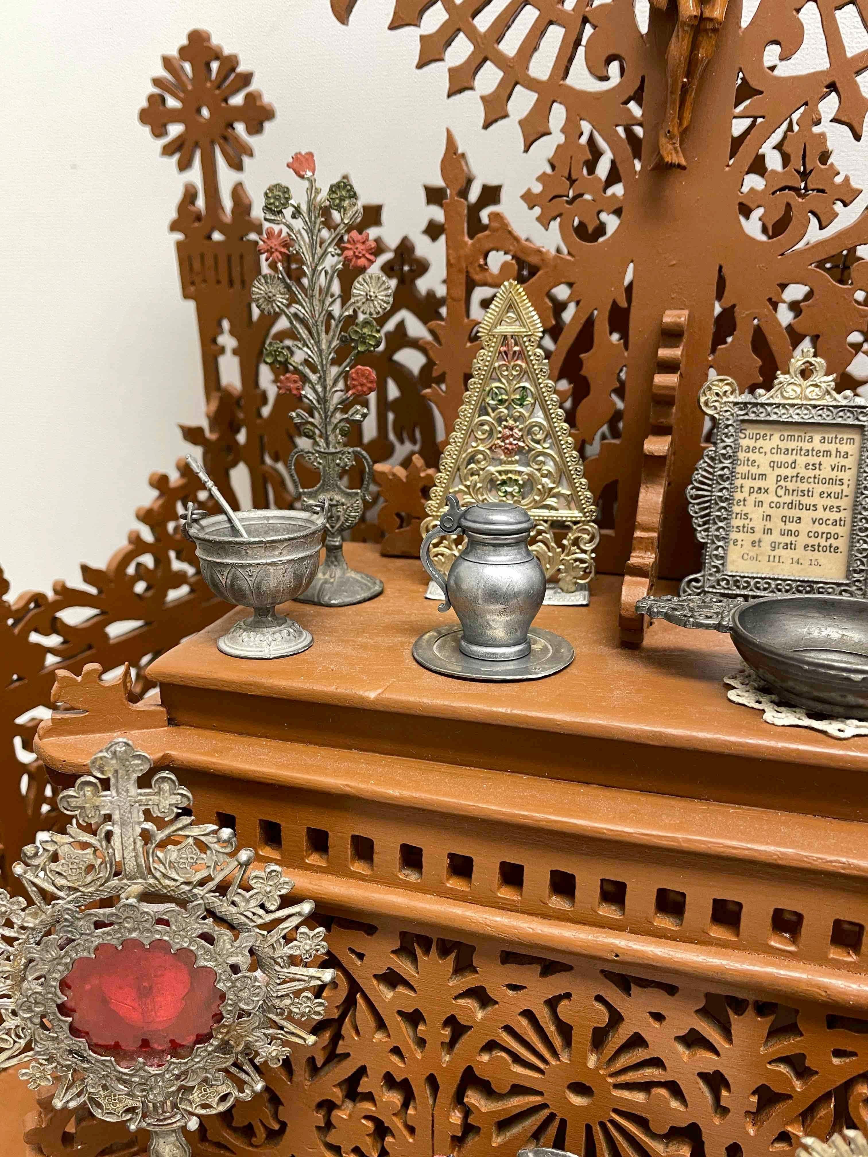 Wood Fretwork House Altar with Accessories Black Forest Folk Art 1900s For Sale 4