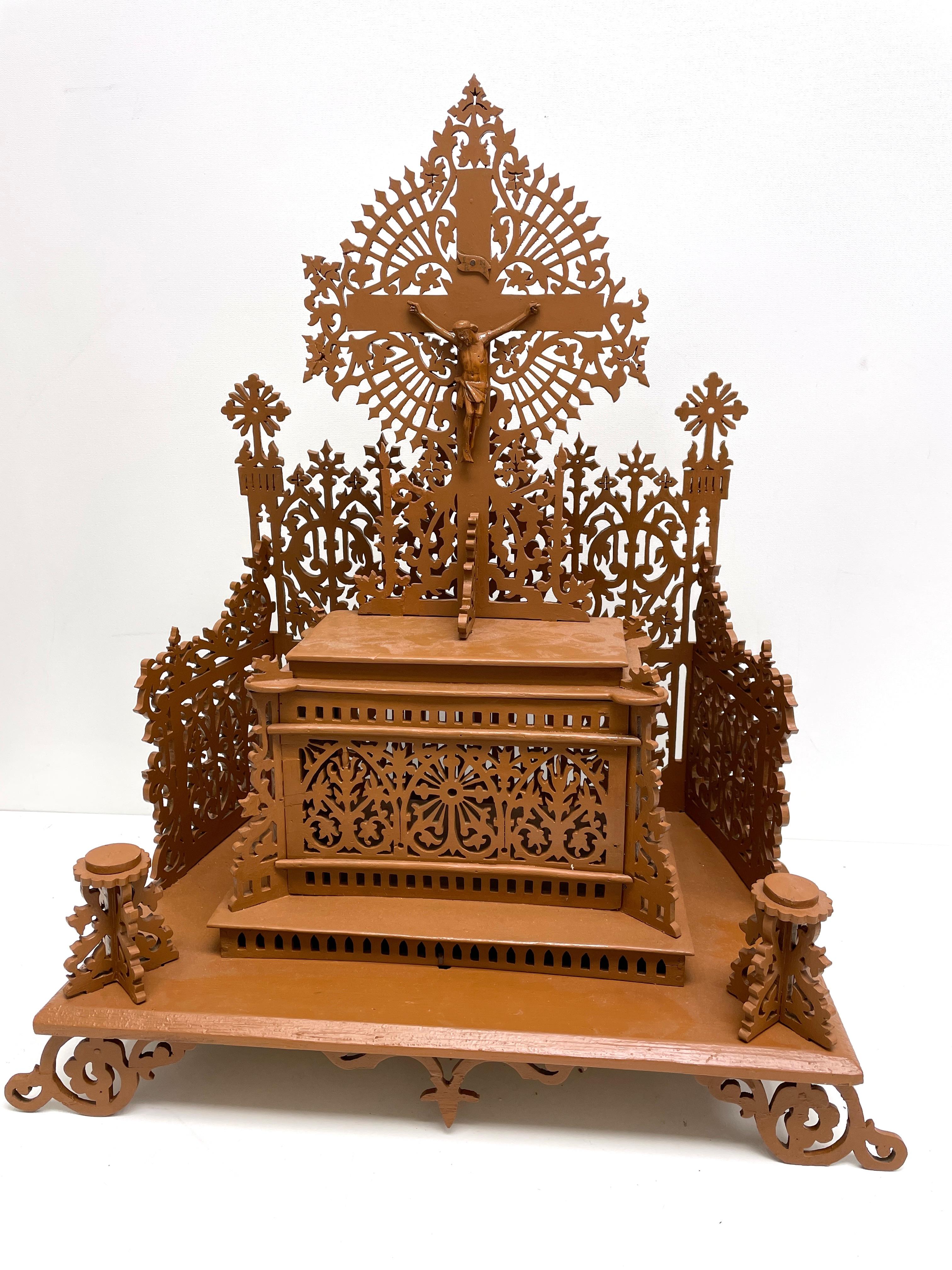 Wood Fretwork House Altar with Accessories Black Forest Folk Art 1900s For Sale 7