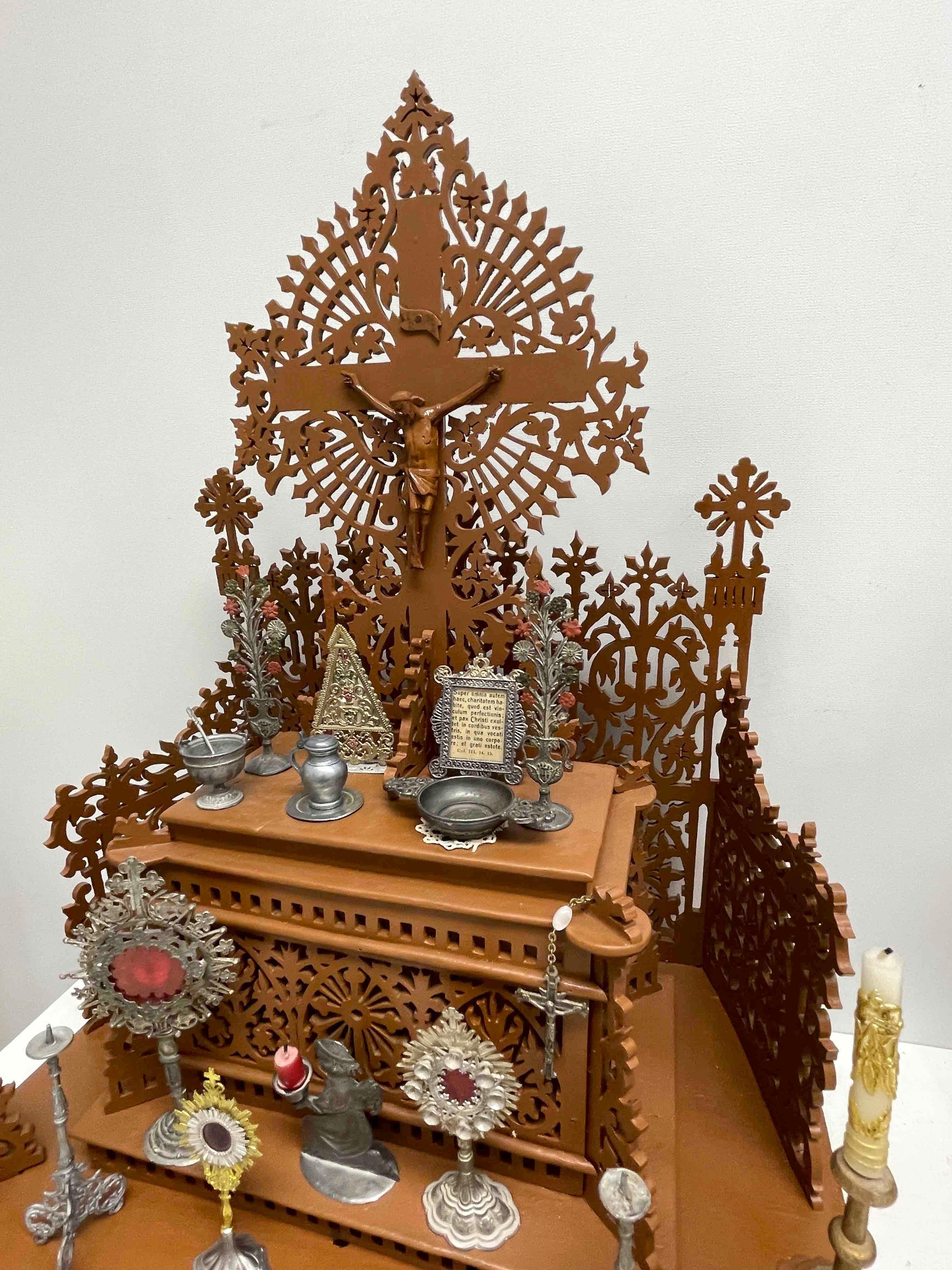German Wood Fretwork House Altar with Accessories Black Forest Folk Art 1900s For Sale