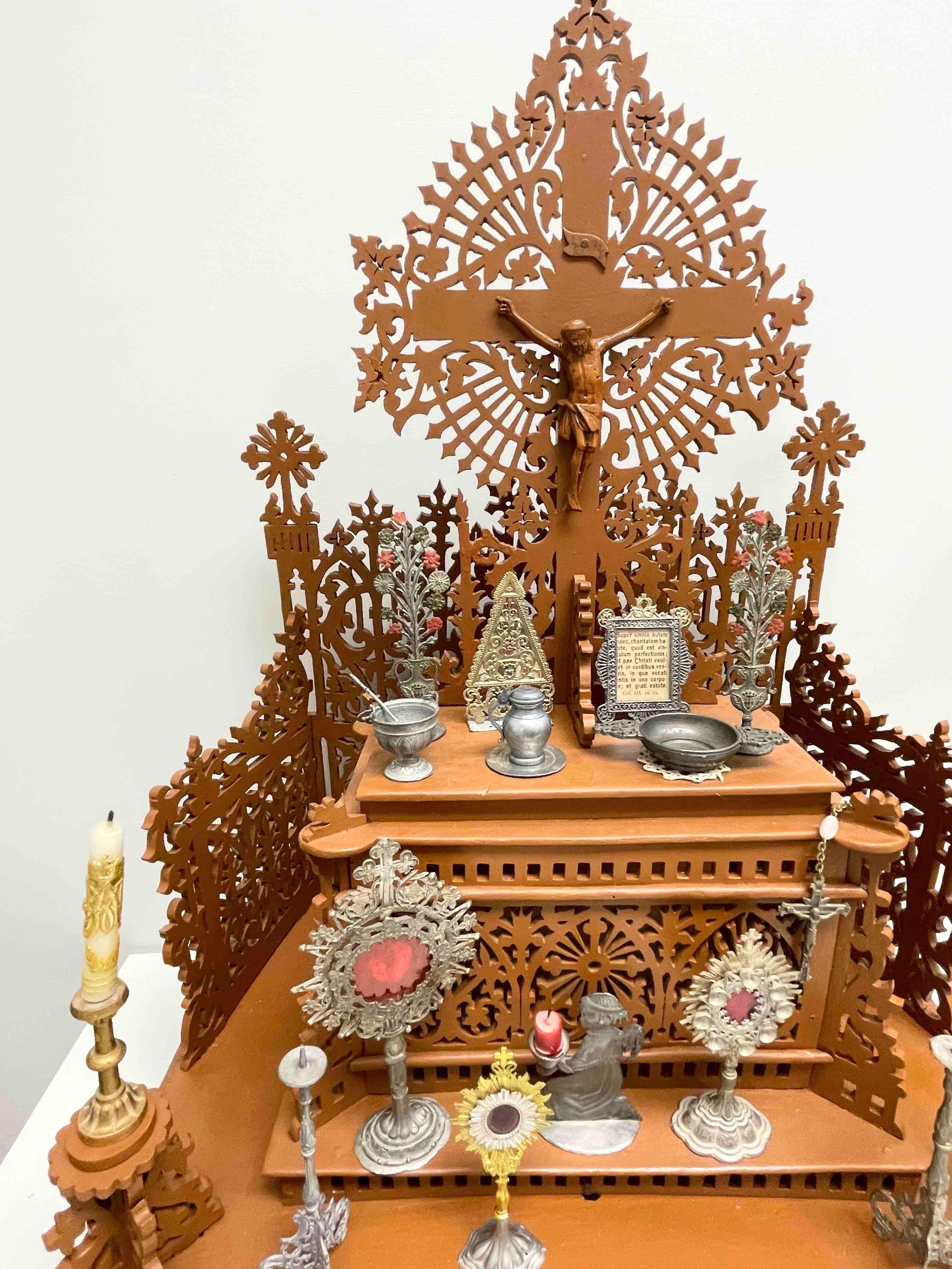 Hand-Carved Wood Fretwork House Altar with Accessories Black Forest Folk Art 1900s For Sale