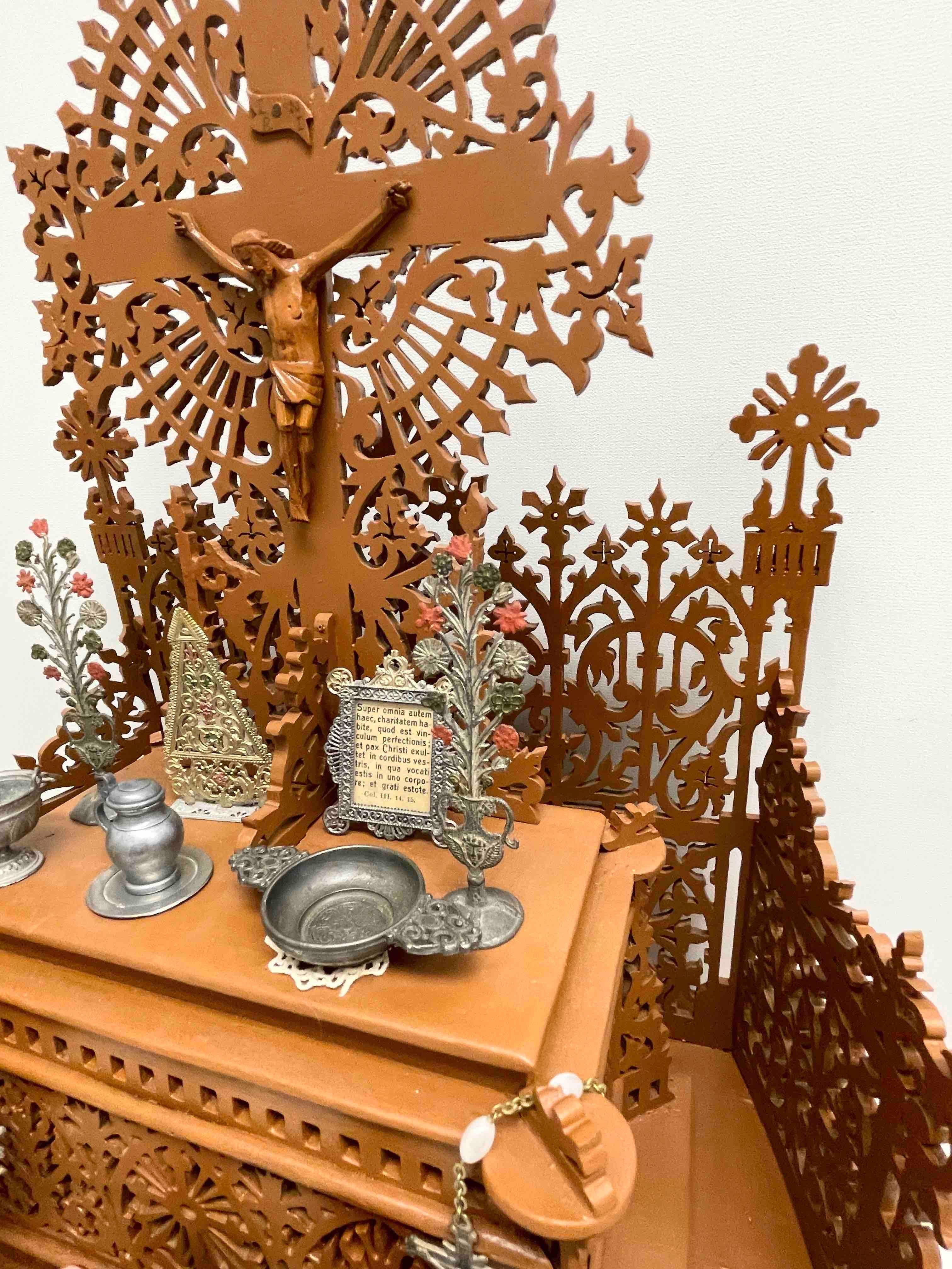 20th Century Wood Fretwork House Altar with Accessories Black Forest Folk Art 1900s For Sale