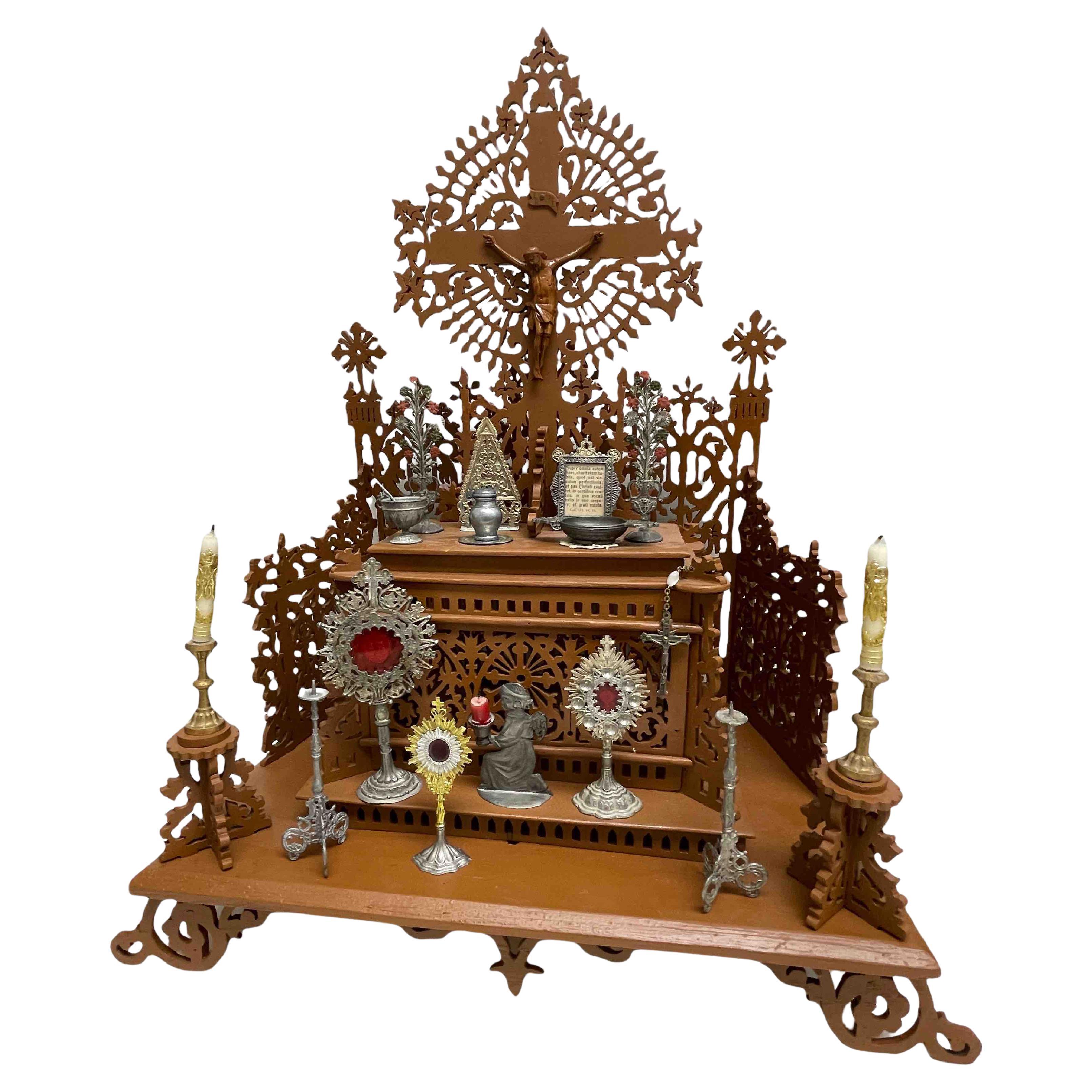 Wood Fretwork House Altar with Accessories Black Forest Folk Art 1900s For Sale
