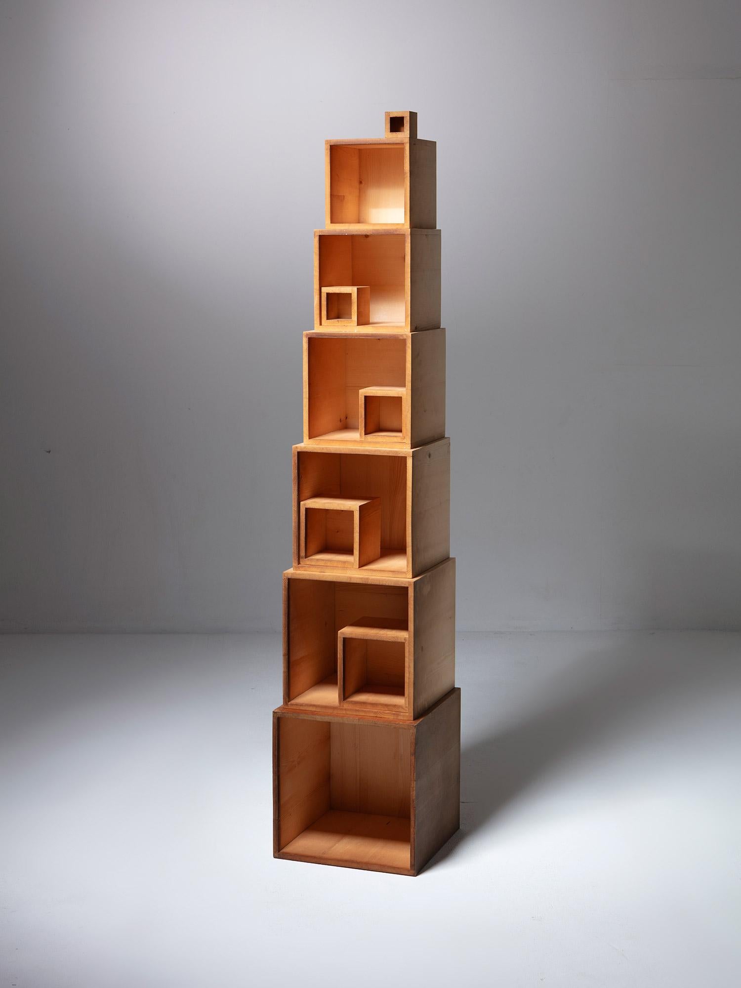 Wood sculpture composed by eleven cubic shapes designed by Elio Mari and crafted by Giovanni Sacchi.
The pieces can be all nested together or freely assembled.
