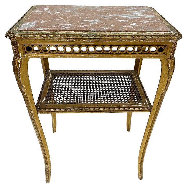 Wood Gilded Rectangular Side Table with Marble Top For Sale