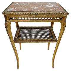Used Wood Gilded Rectangular Side Table with Marble Top
