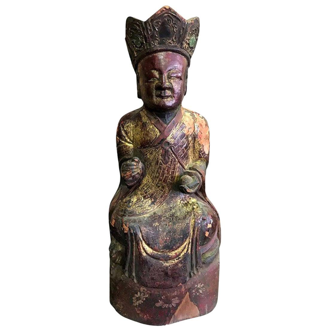 Wood, Gilt and Polychrome Carved Chinese Asian Temple Shrine Ancestral Figure