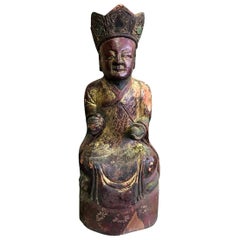 Wood, Gilt and Polychrome Carved Chinese Asian Temple Shrine Ancestral Figure