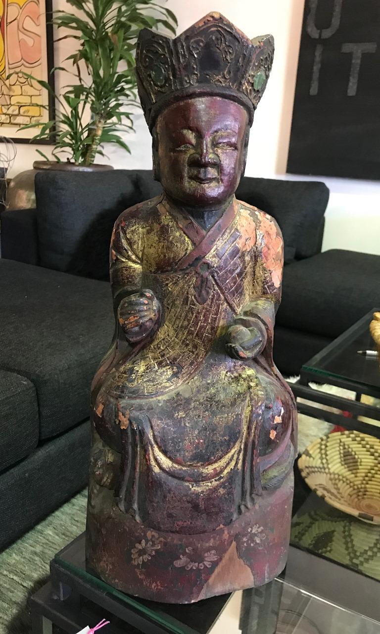 Wood, Gilt and Polychrome Carved Chinese Temple Ancestral Figure For Sale at 1stdibs
