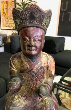 Wood, Gilt and Polychrome Carved Chinese Asian Temple Shrine Ancestral Figure