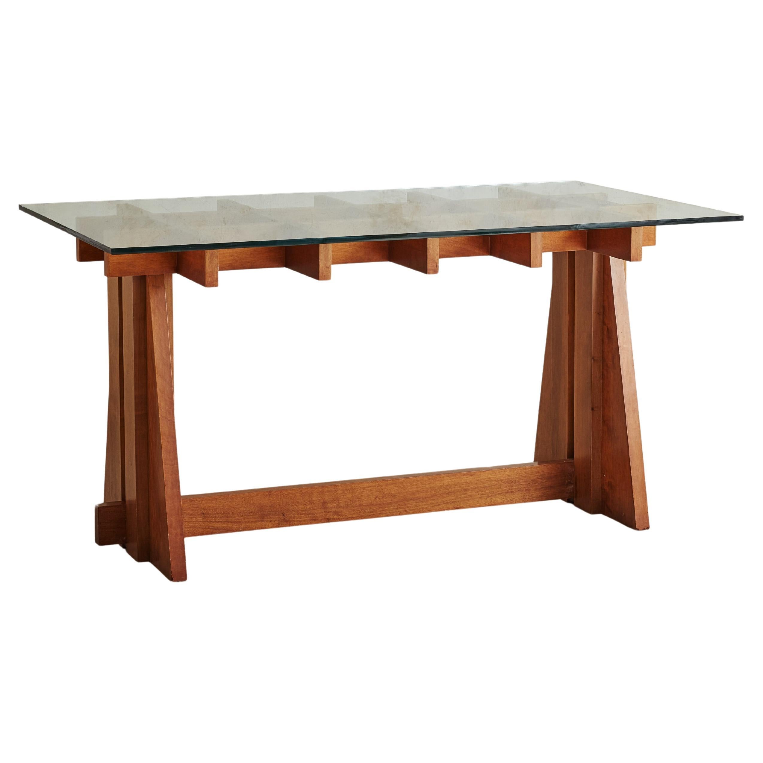 Table de salle à manger en bois et verre à motif de grille, Italie, années 1960
