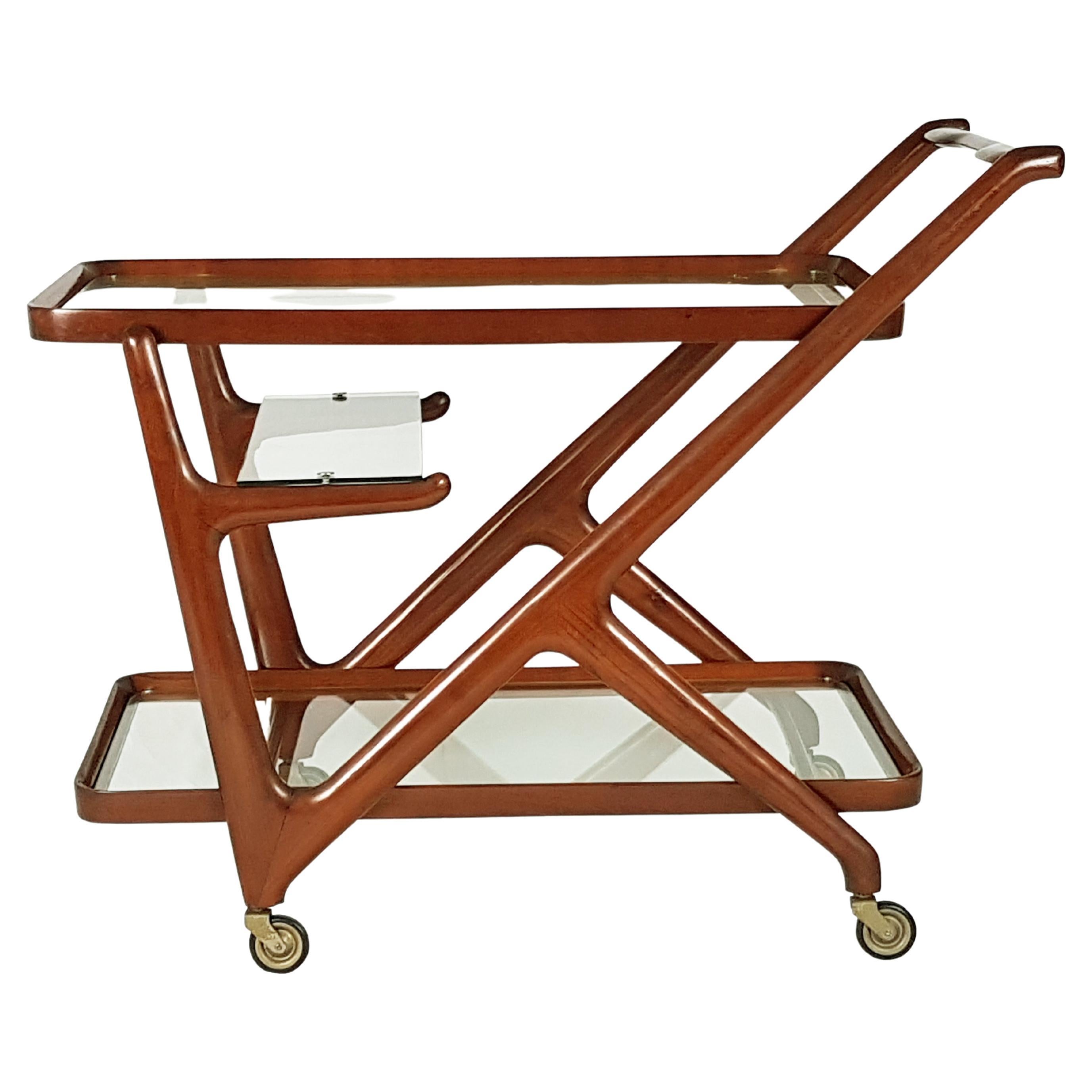 Wood & glass Mid-century modern trolley by Cesare Lacca for Cassina For Sale