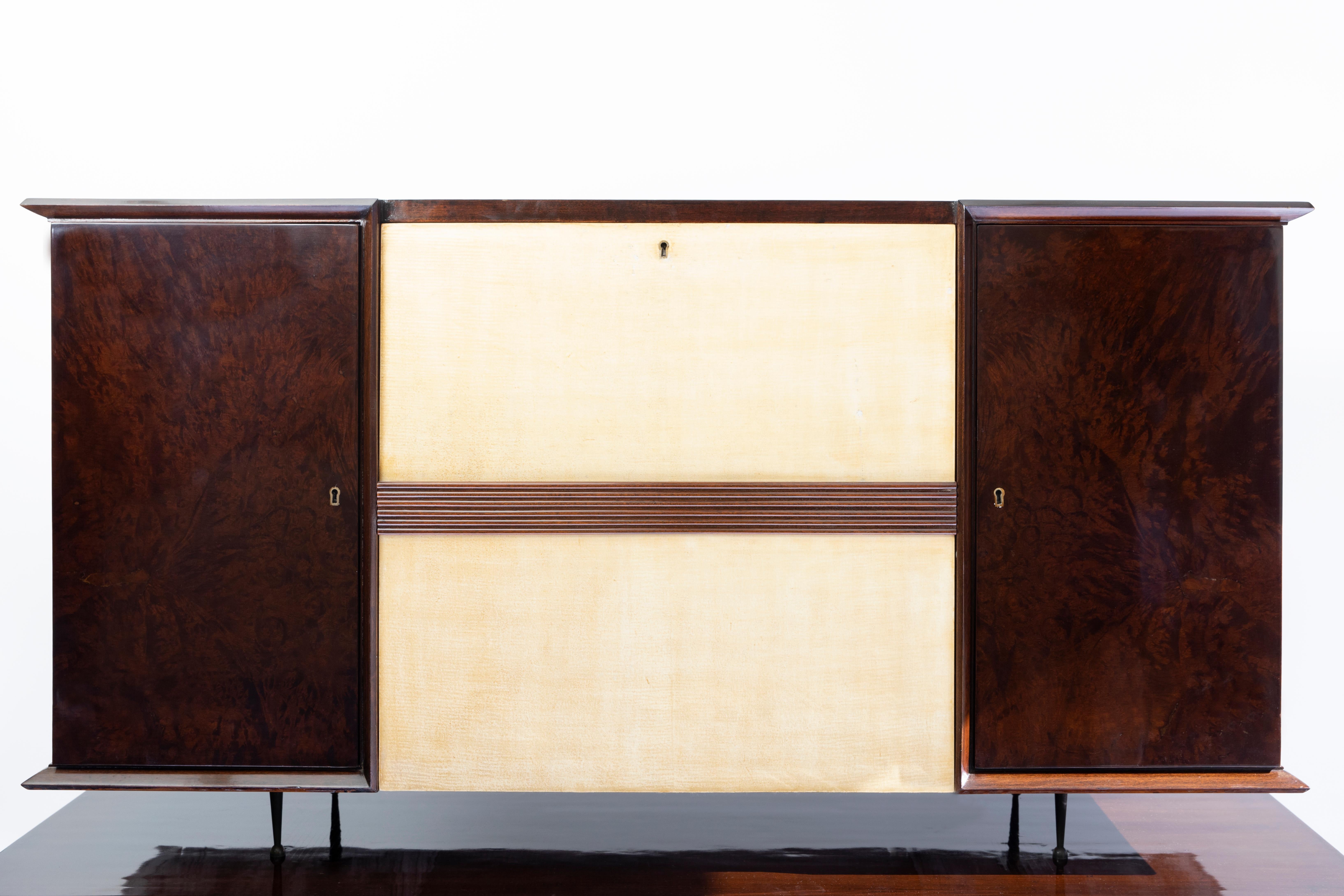 Mid-Century Modern Wood, Glass, Parchment and Mirror Bar and Cabinet Set by Englander & Bonta, 1950 For Sale