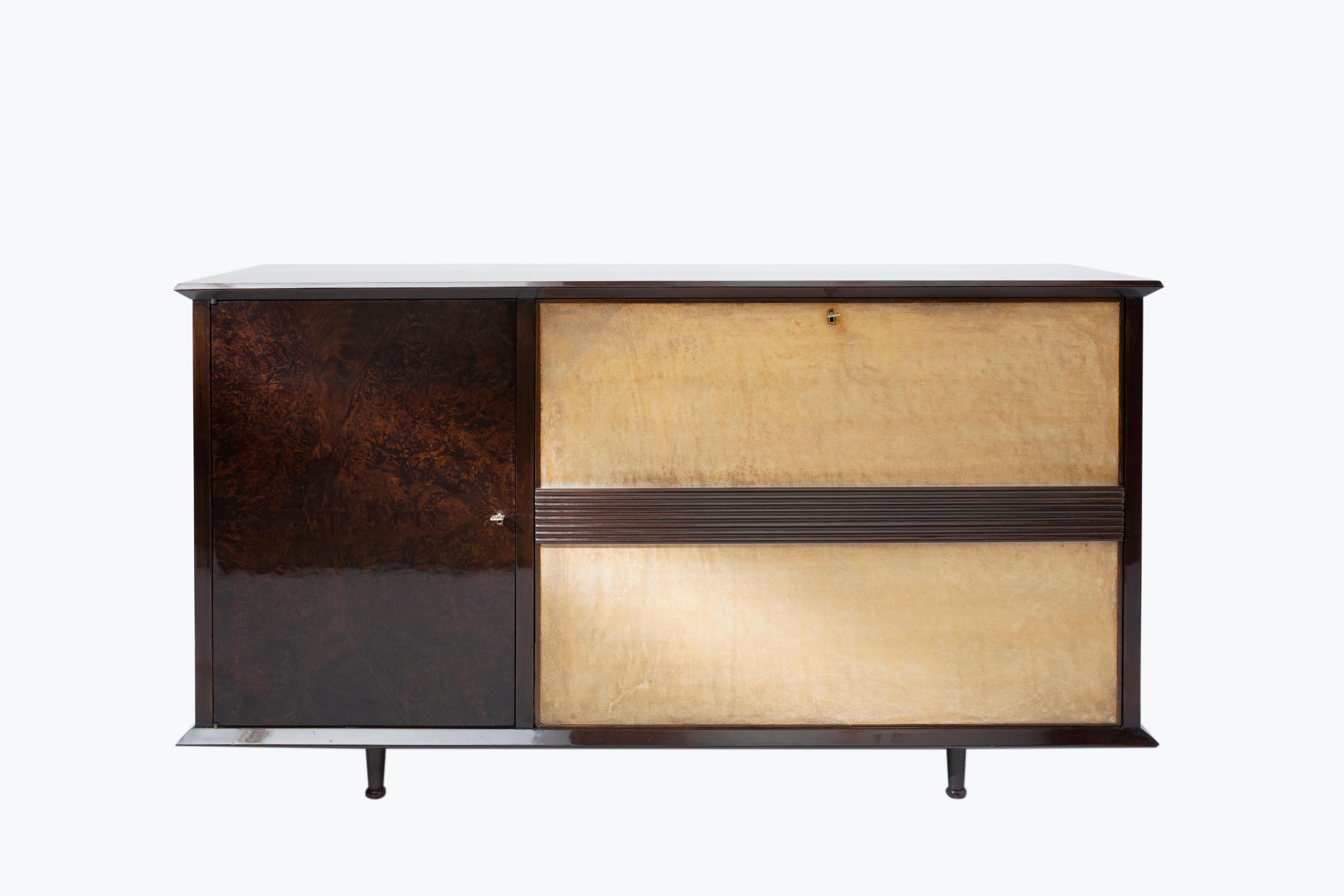 Mid-Century Modern Wood, Glass, Parchment and Mirror Bar and Cabinet Set by Englander & Bonta, 1950 For Sale