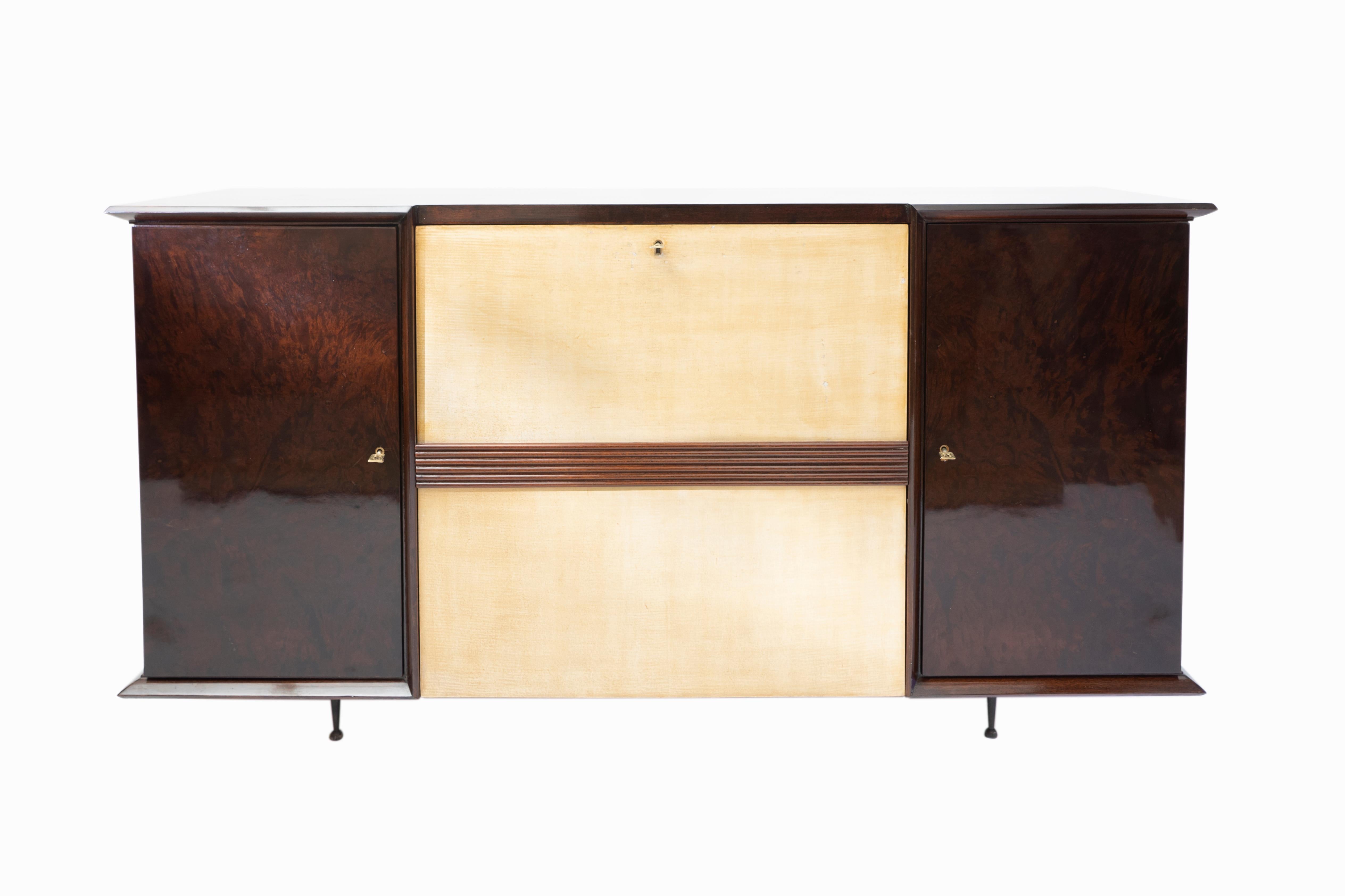 Argentine Wood, Glass, Parchment and Mirror Bar and Cabinet Set by Englander & Bonta, 1950 For Sale