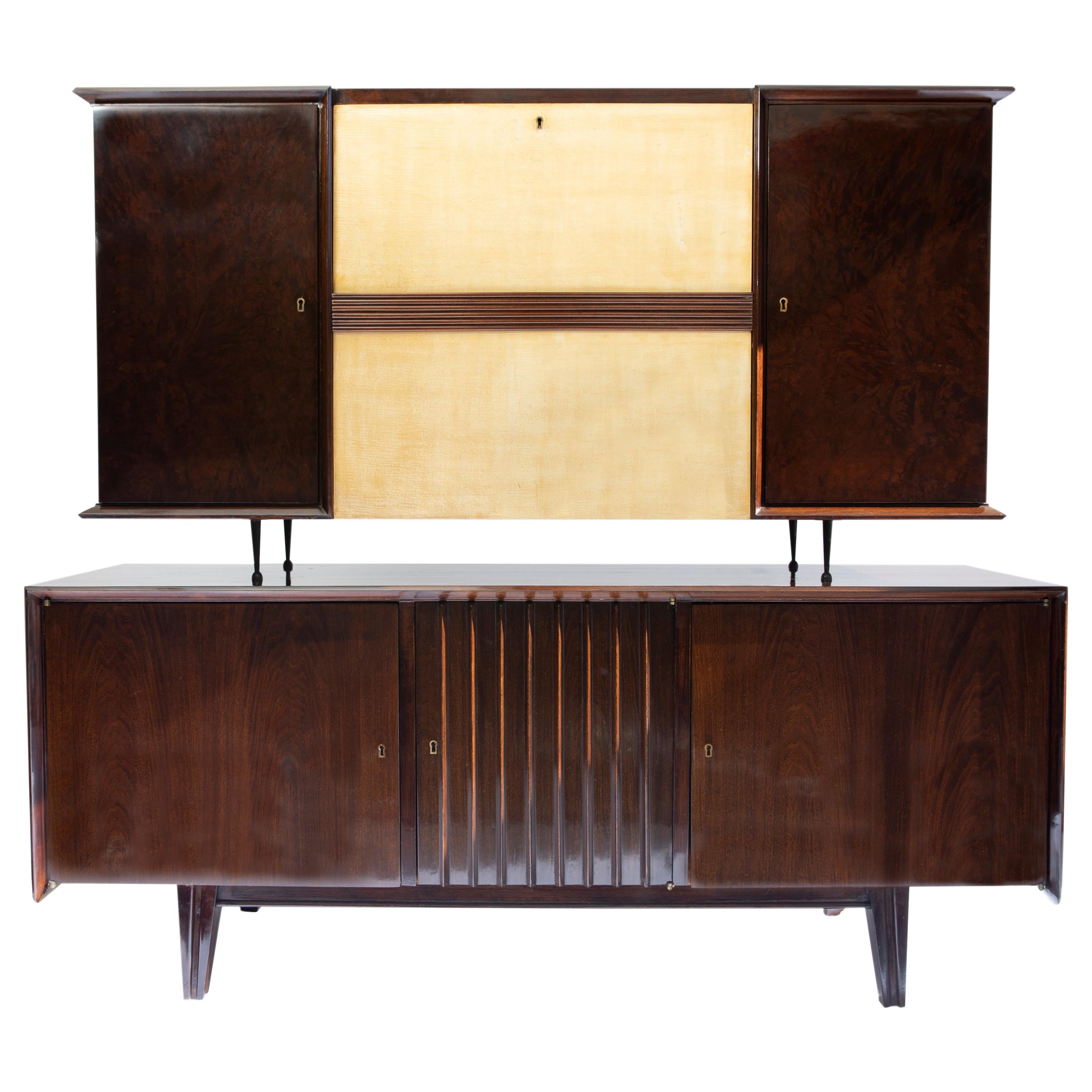 Wood, Glass, Parchment and Mirror Bar and Cabinet Set by Englander & Bonta, 1950 For Sale