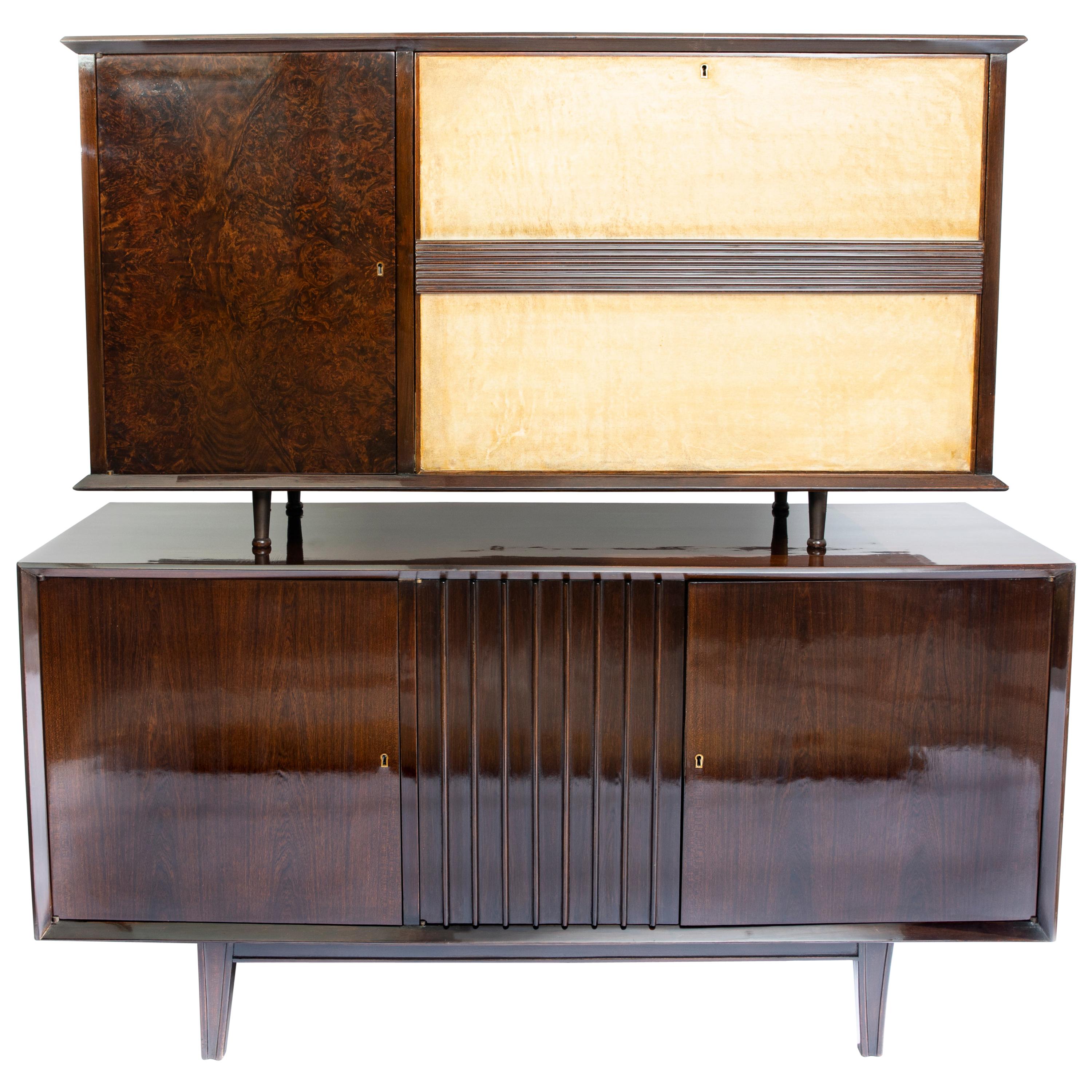 Wood, Glass, Parchment and Mirror Bar and Cabinet Set by Englander & Bonta, 1950 For Sale