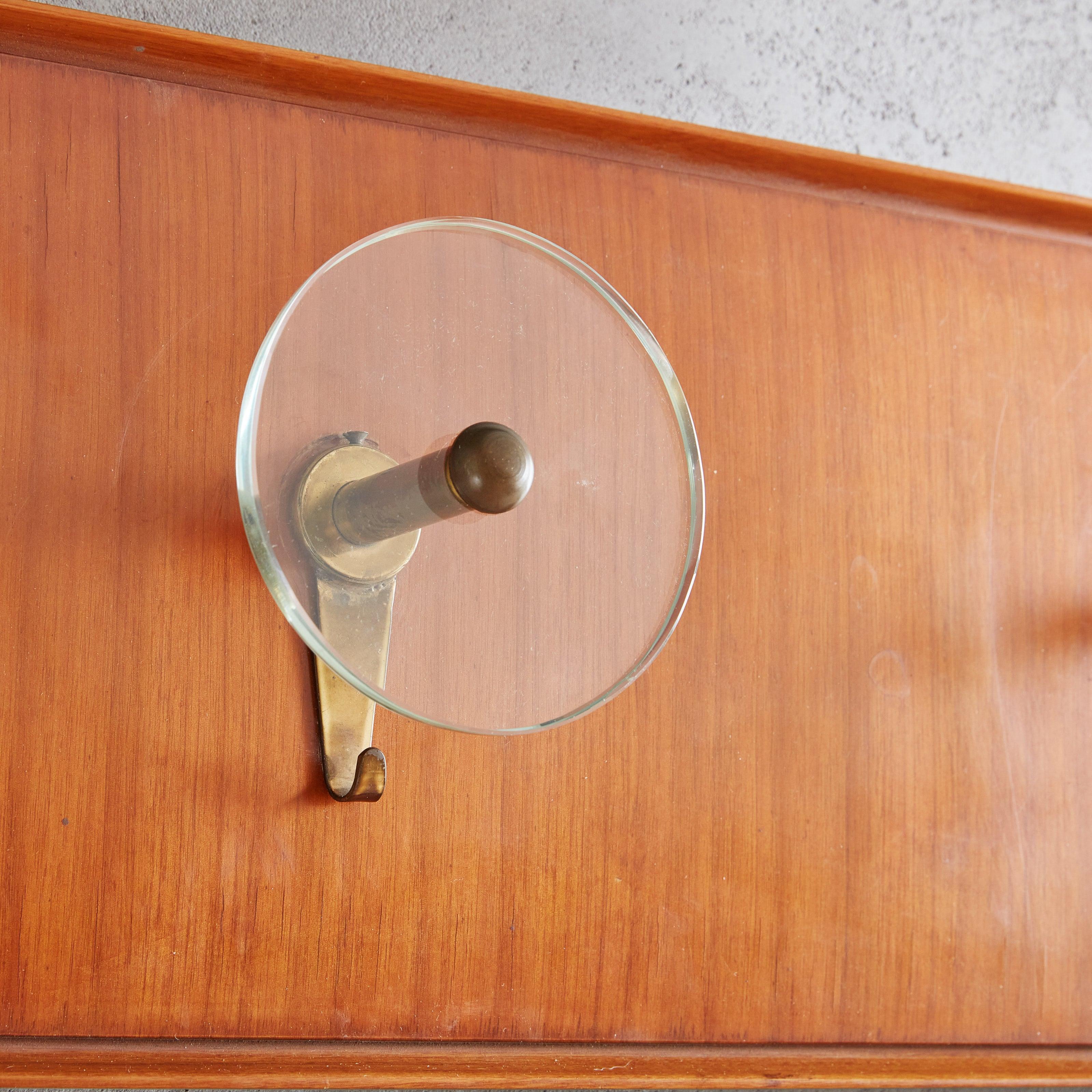 Mid-Century Modern Wood + Glass Wall Mounted Coat Rack, Italy 1960s For Sale