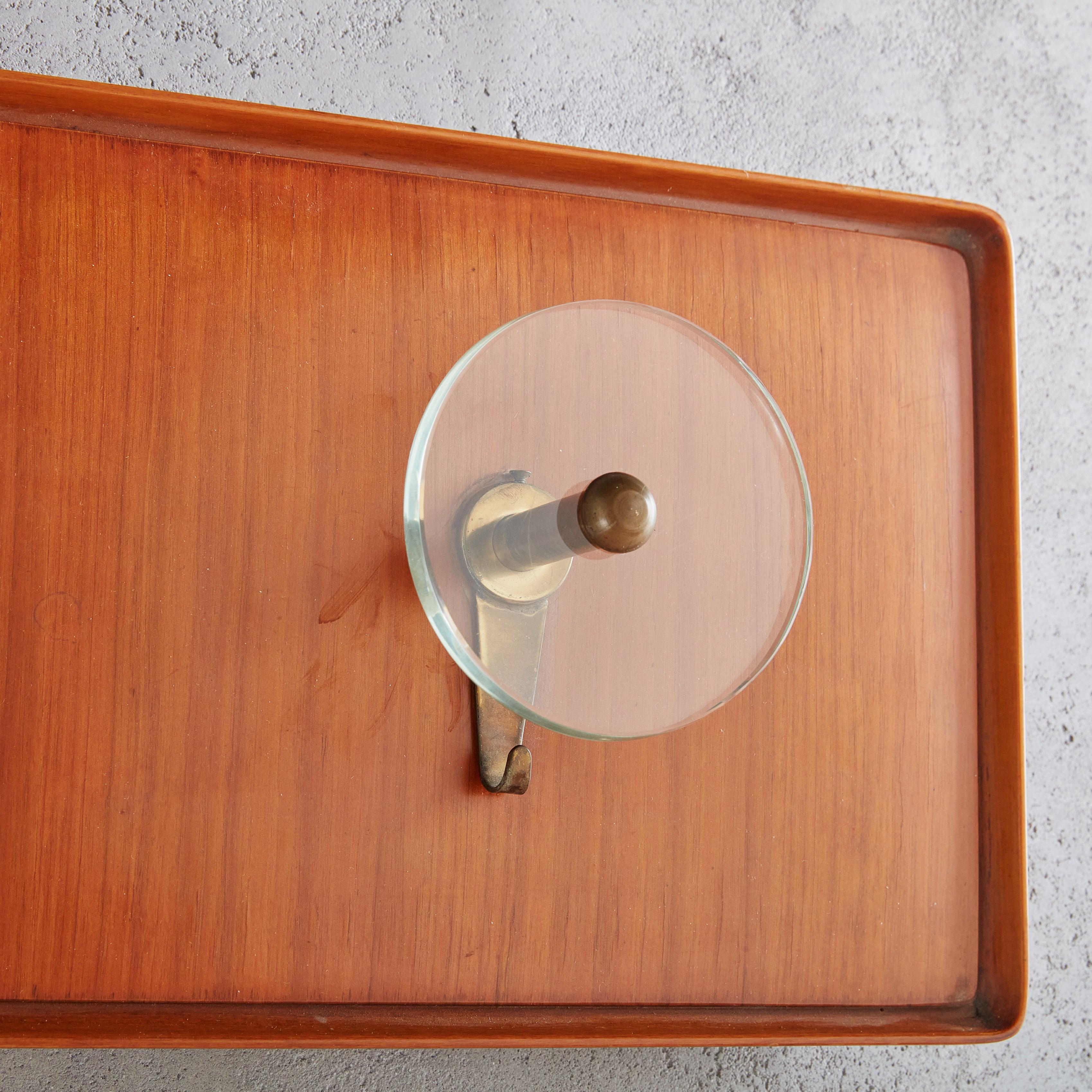 Italian Wood + Glass Wall Mounted Coat Rack, Italy 1960s For Sale