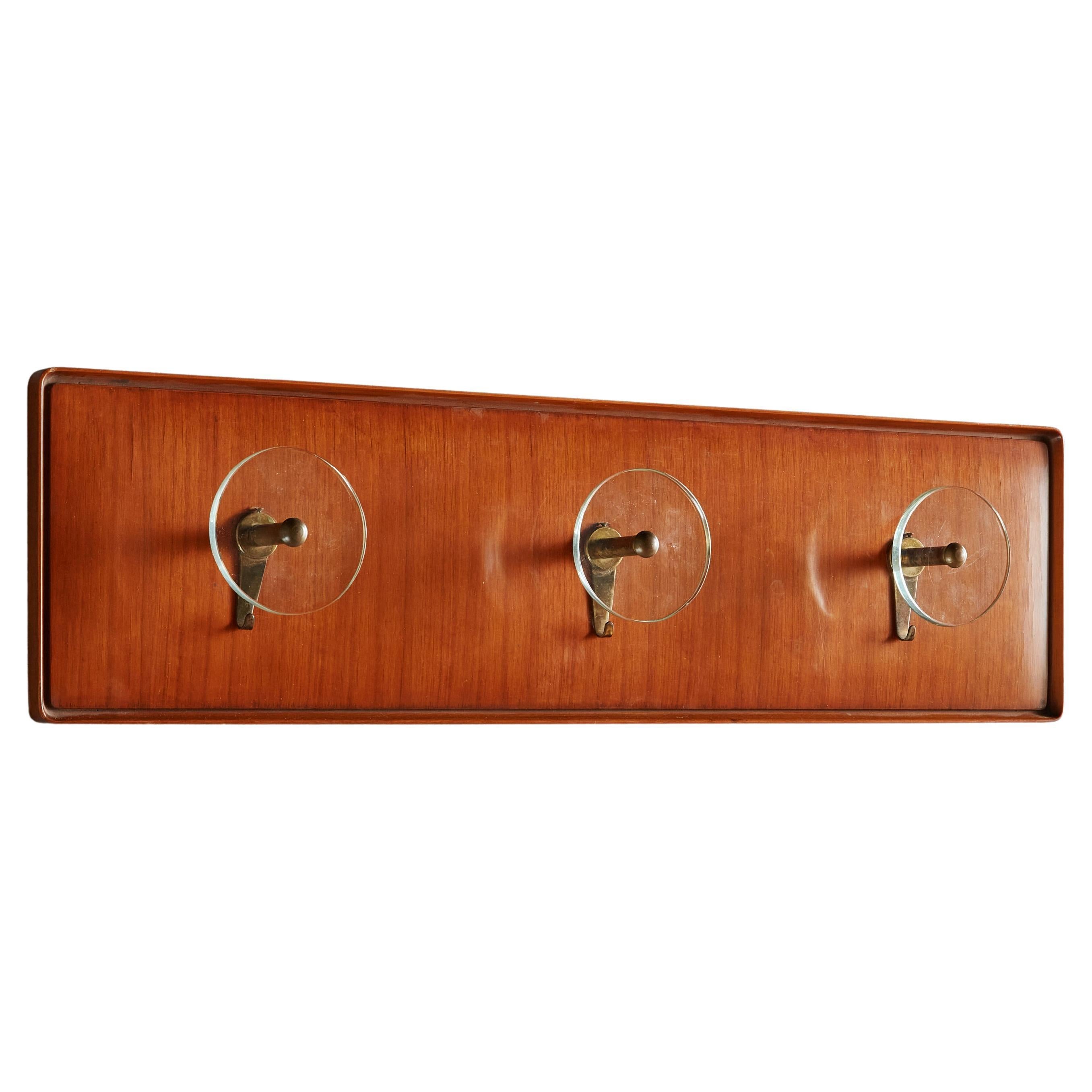 Wood + Glass Wall Mounted Coat Rack, Italy 1960s