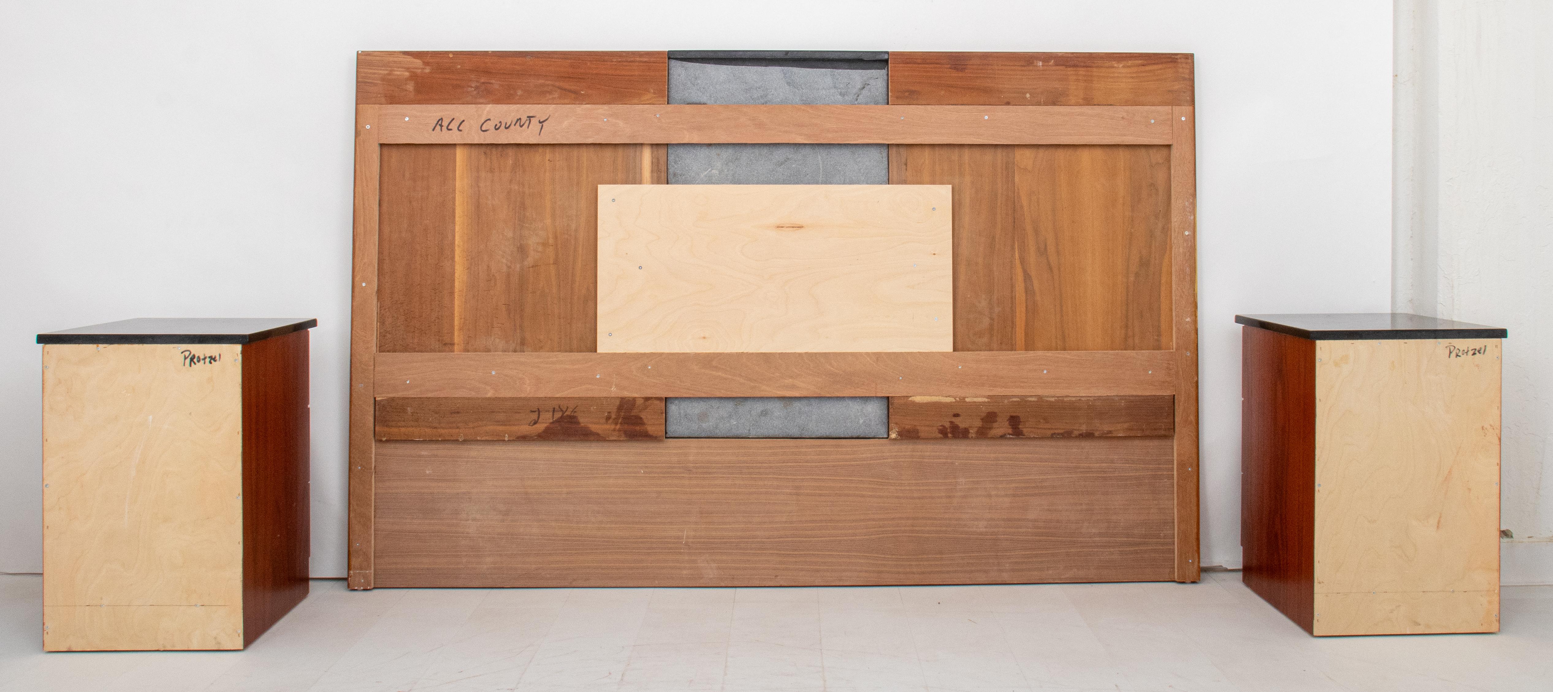 American Wood & Granite Headboard & Bedside Cabinets, 3 For Sale