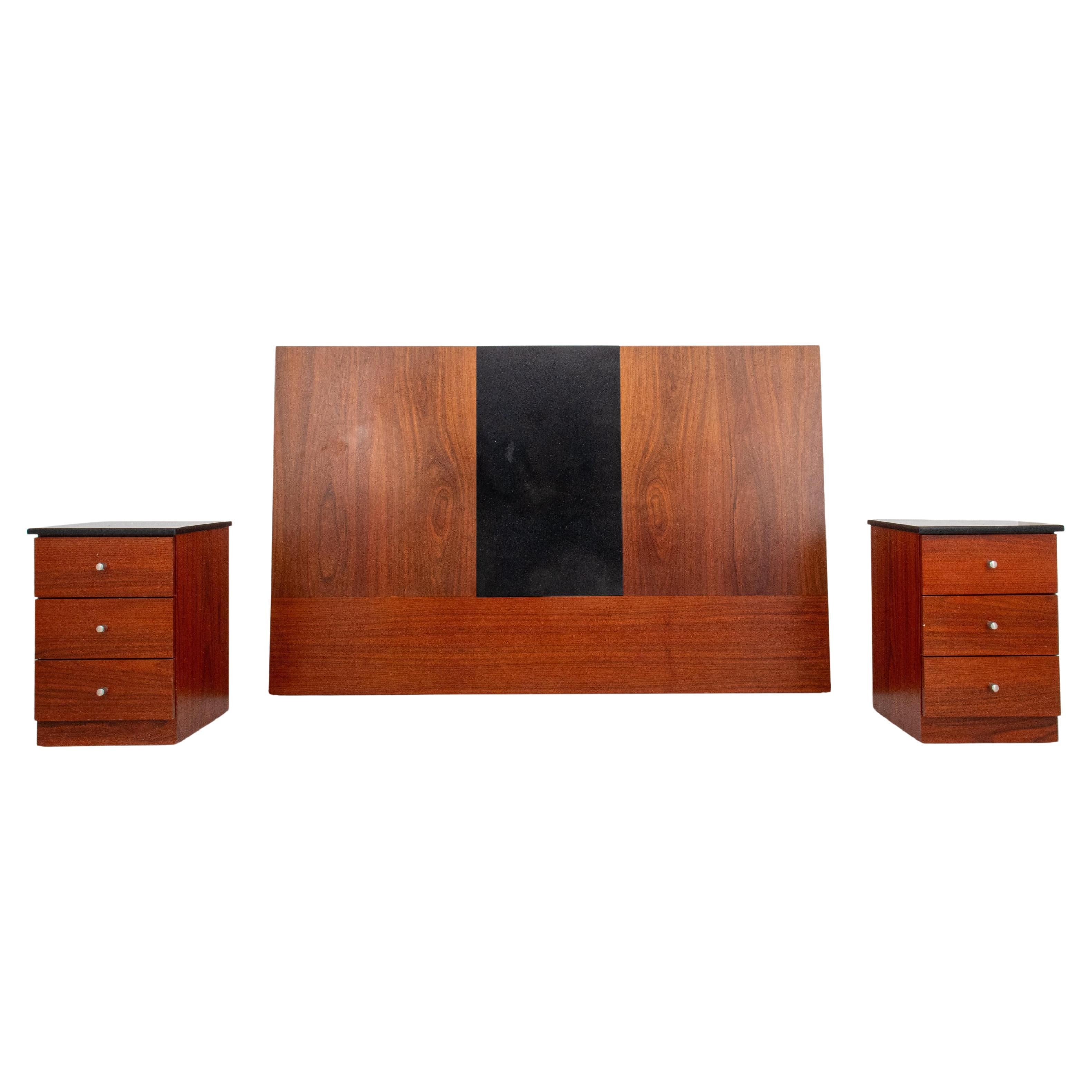 Wood & Granite Headboard & Bedside Cabinets, 3 For Sale