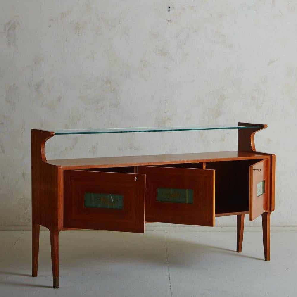 Italian Wood + Green Glass Seahorse Credenza in the Style of Vittorio Dassi, Italy 1950s For Sale