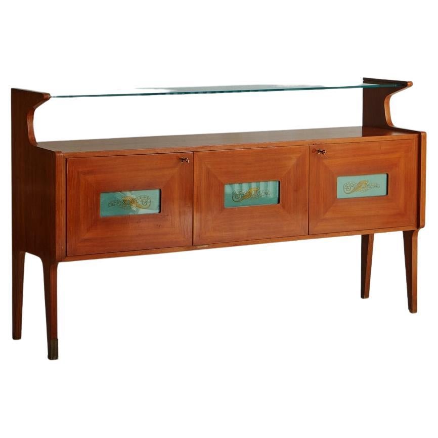 Wood + Green Glass Seahorse Credenza in the Style of Vittorio Dassi, Italy 1950s