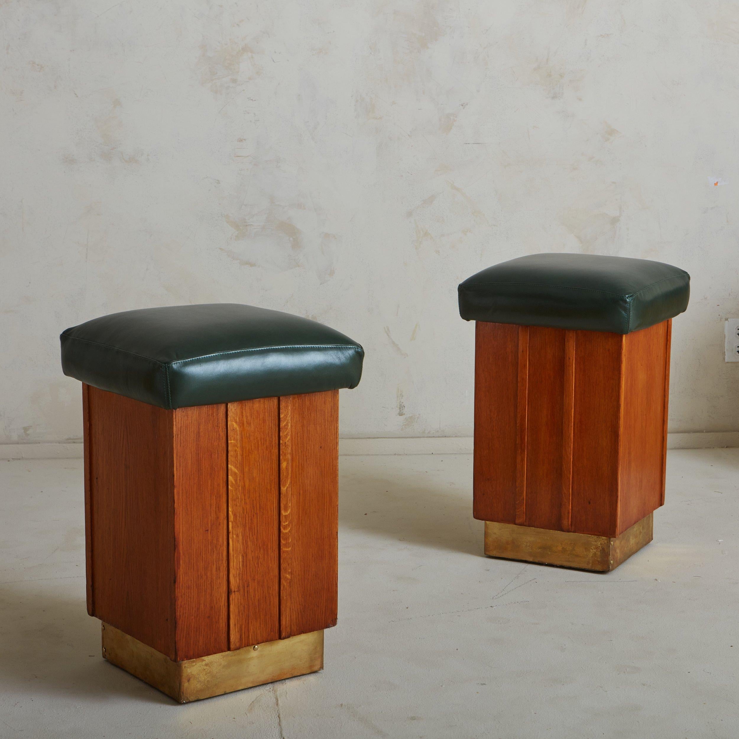 Wood + Green Leather Stool with Brass Base, Italy 1950s - 1 Available In Good Condition For Sale In Chicago, IL