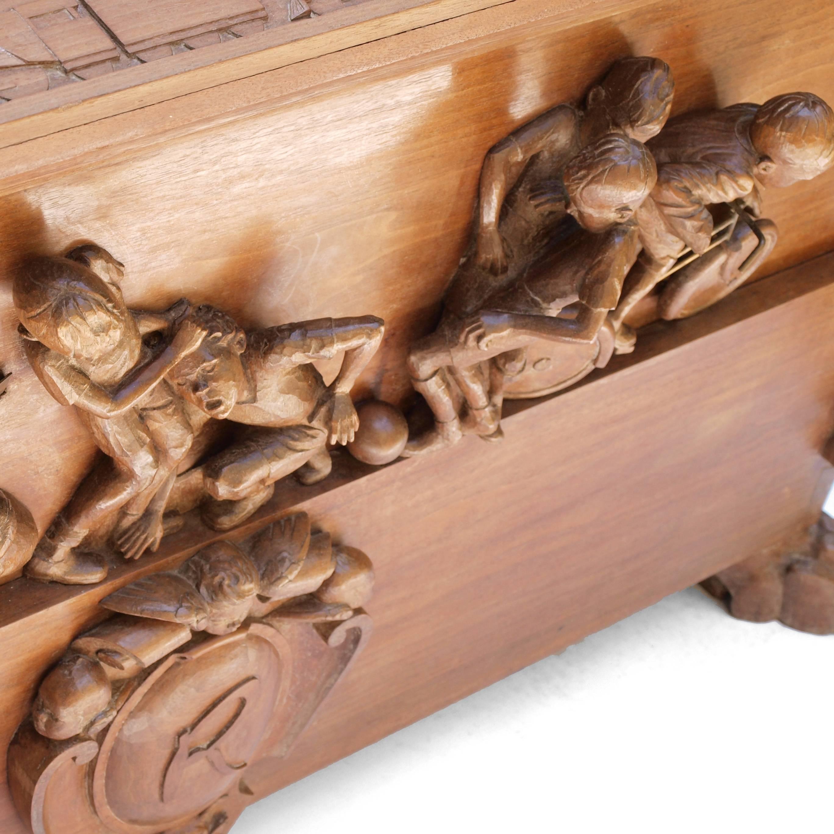 Mid-20th Century Wood Hand Carved Toy Box