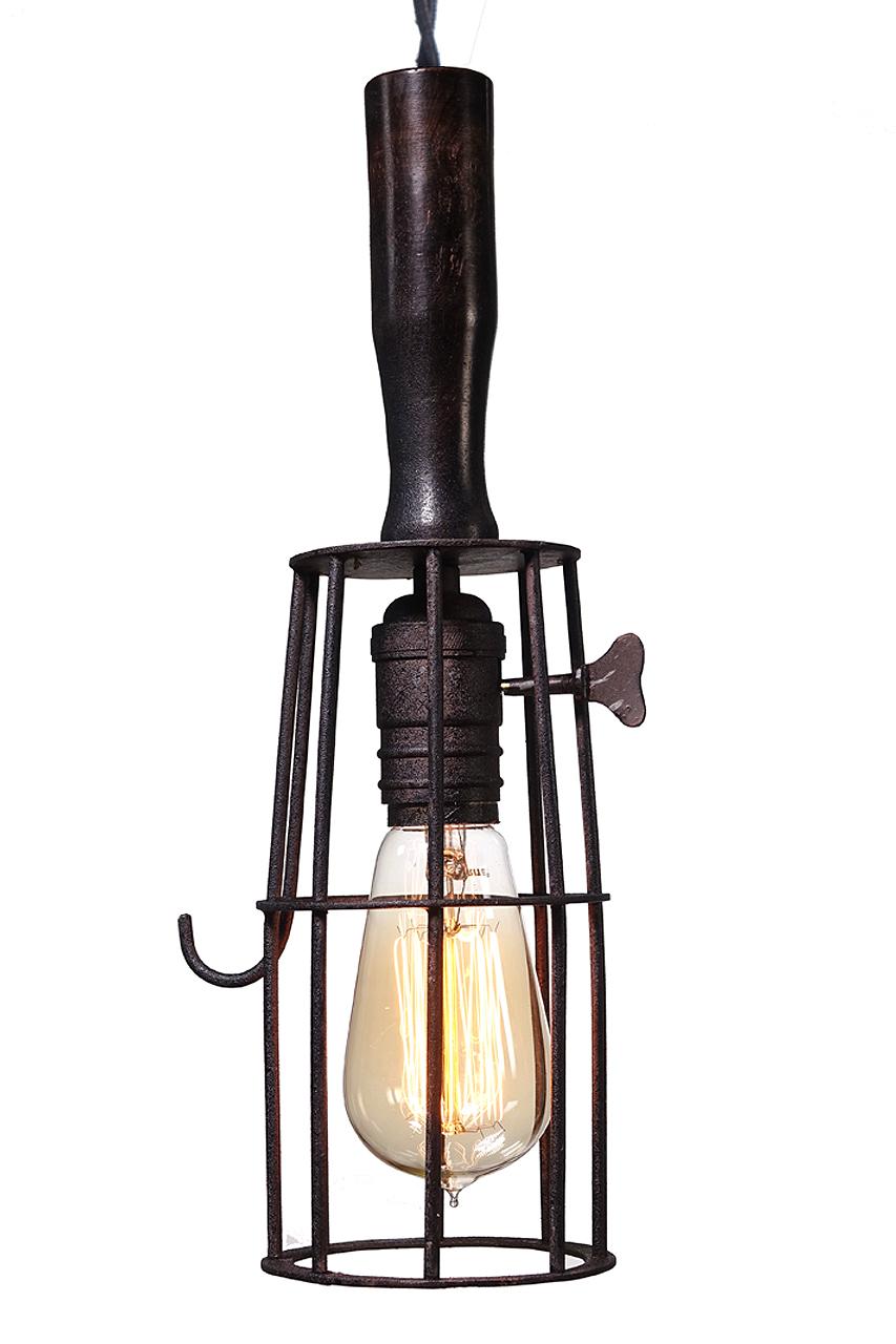 Industrial Wood Handle Cage Lamp For Sale