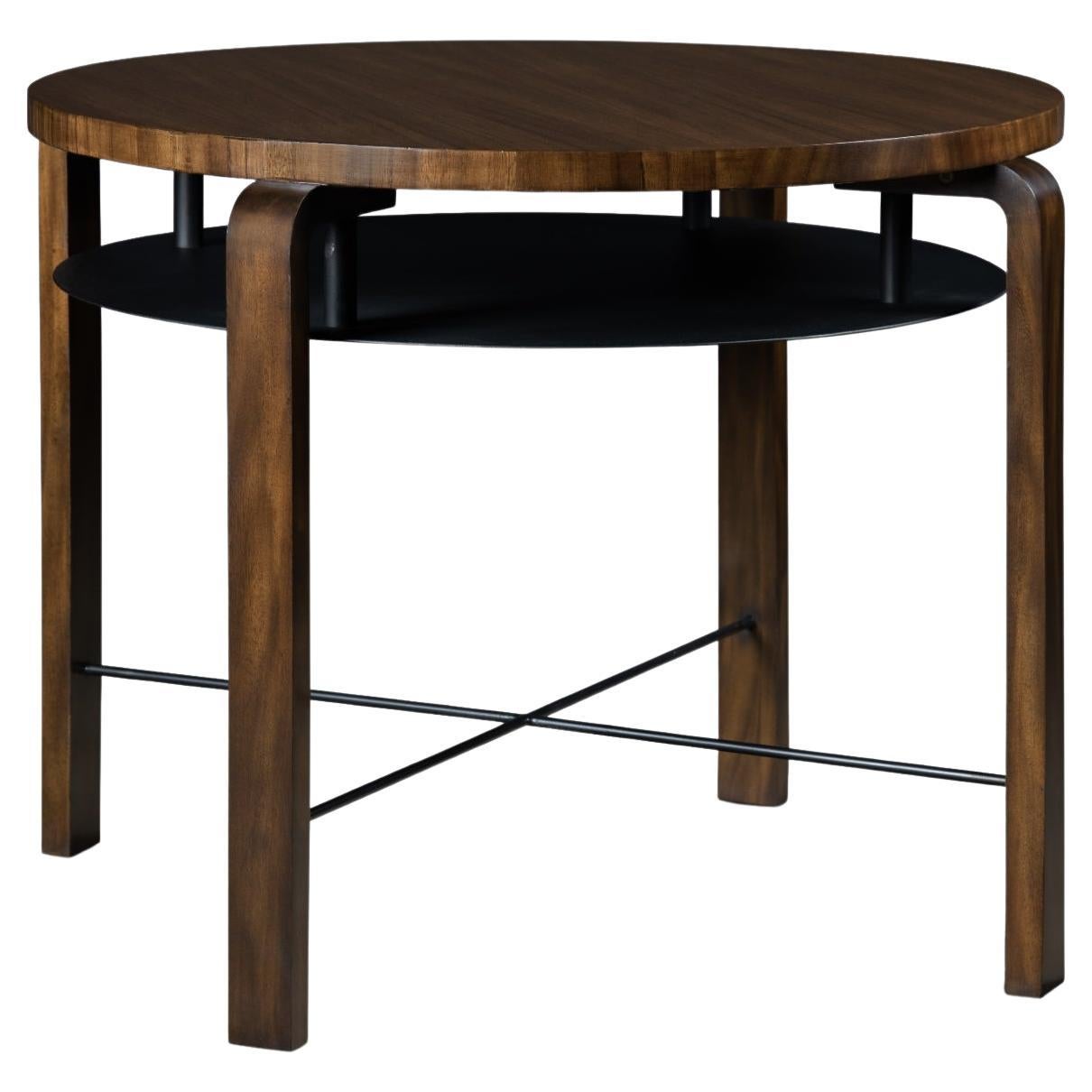 Wood Haslev lamp table with huanacastle veneer, iron shelf and details For Sale