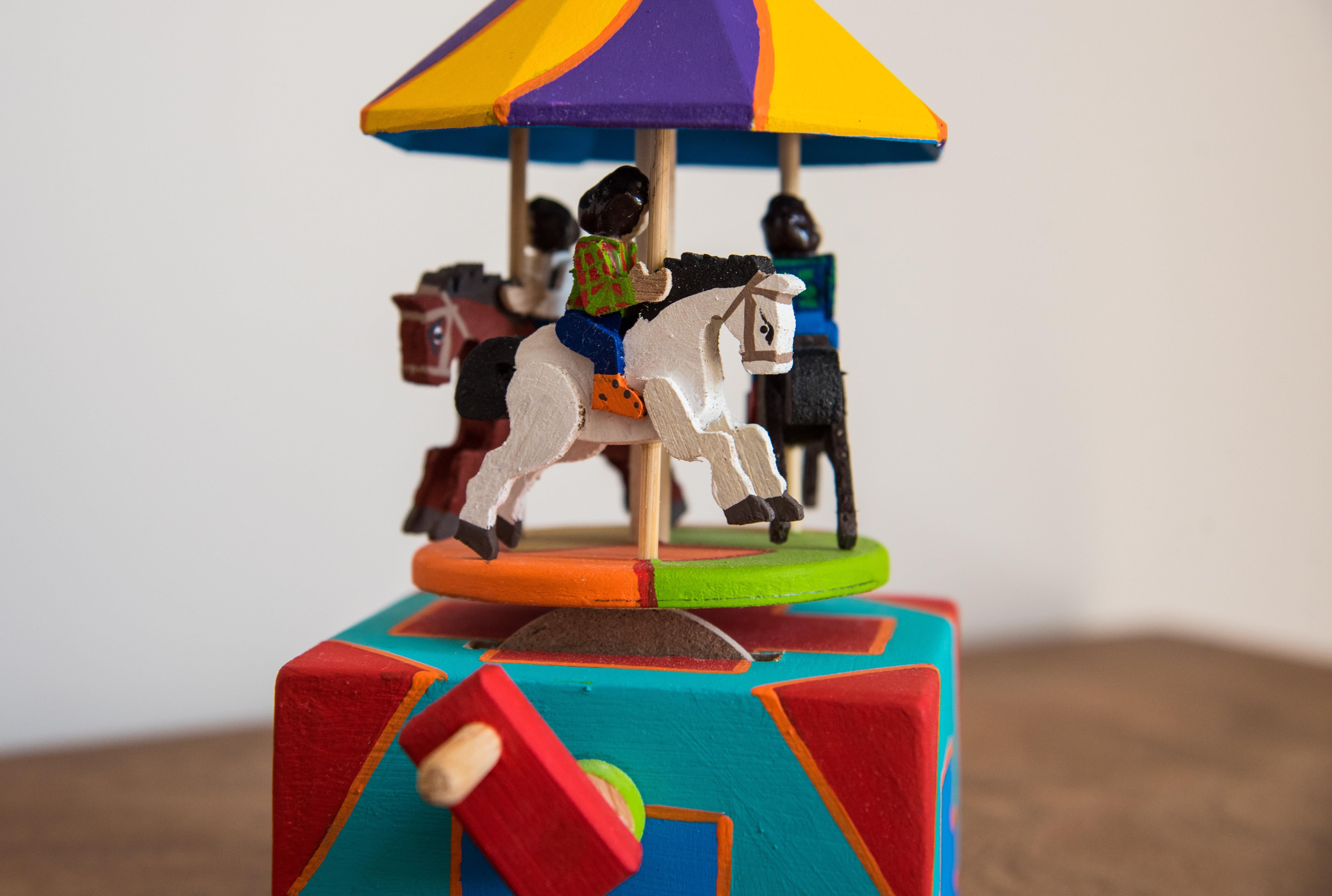 Arts and Crafts Wood Horse Carousel Toy Mexican Horse Mechanic Handle Traditional Folk Art For Sale