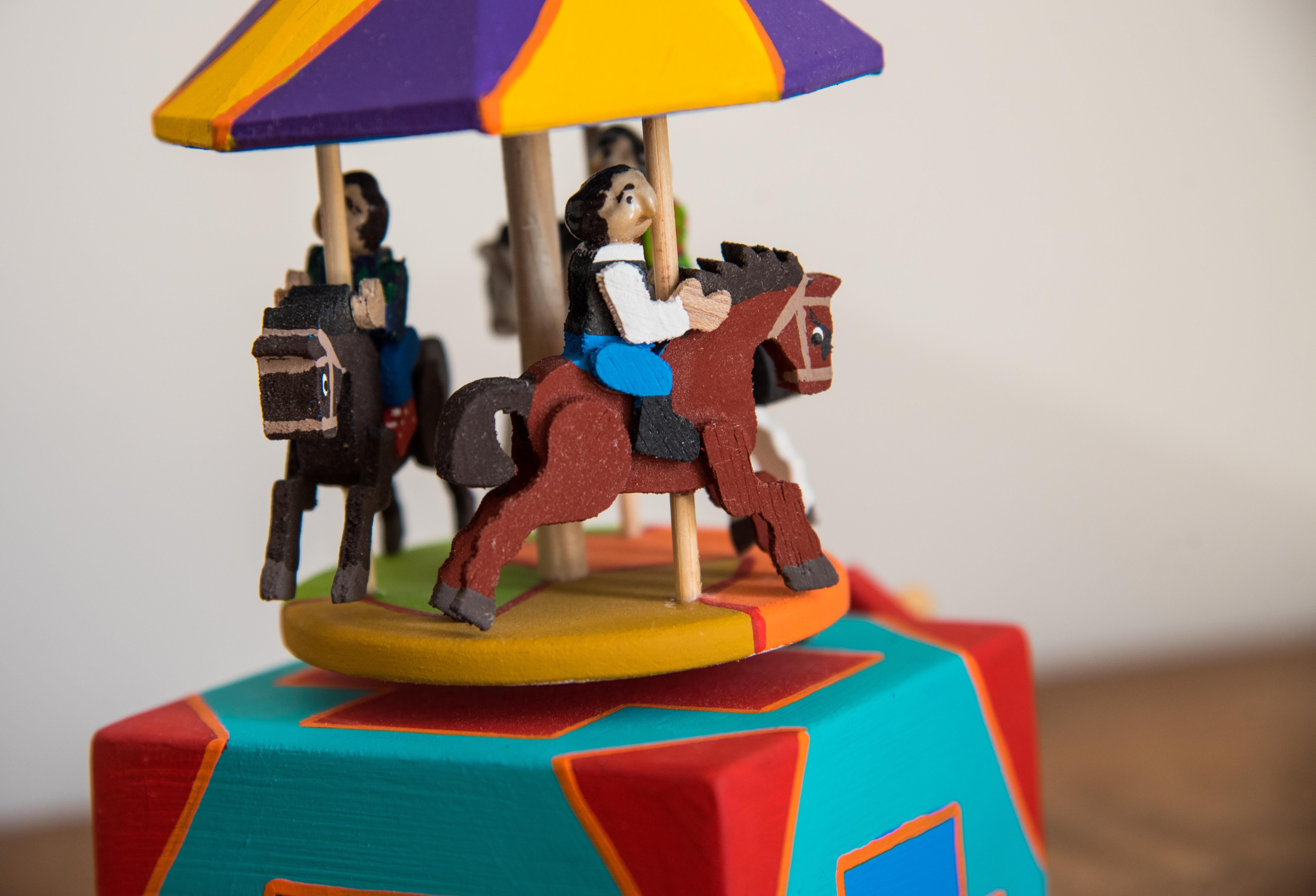 Hand-Carved Wood Horse Carousel Toy Mexican Horse Mechanic Handle Traditional Folk Art For Sale