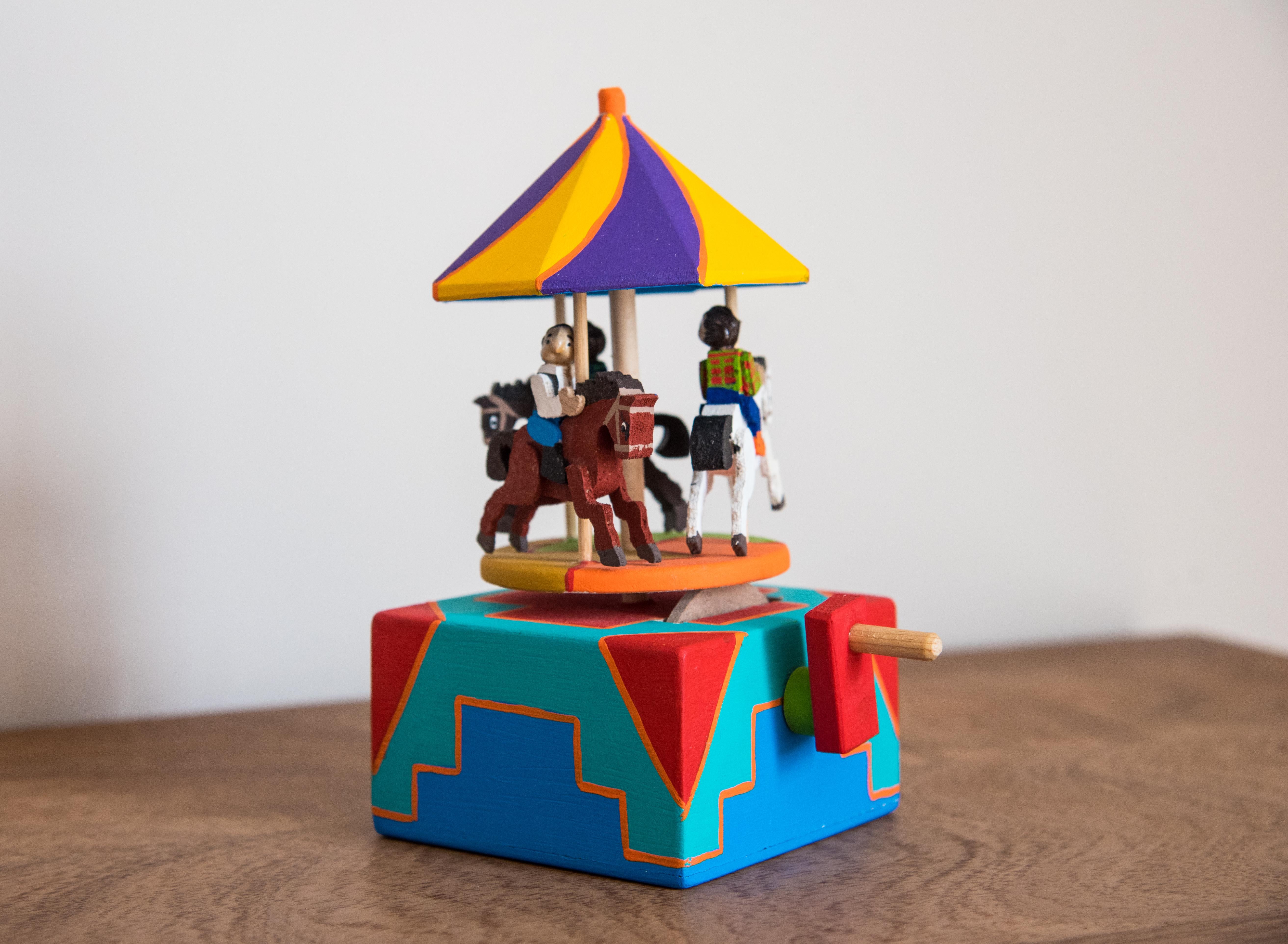 Contemporary Wood Horse Carousel Toy Mexican Horse Mechanic Handle Traditional Folk Art For Sale