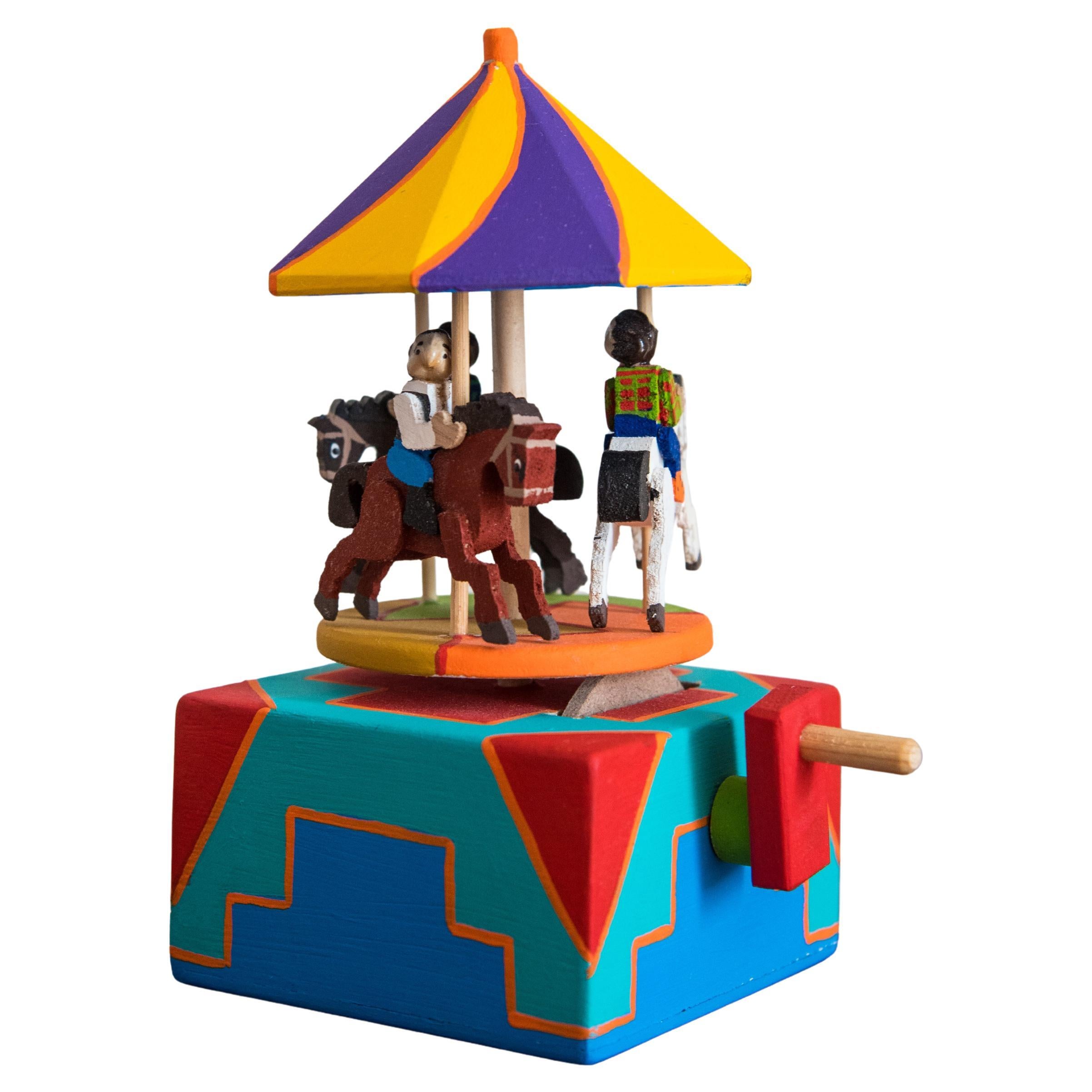 Wood Horse Carousel Toy Mexican Horse Mechanic Handle Traditional Folk Art