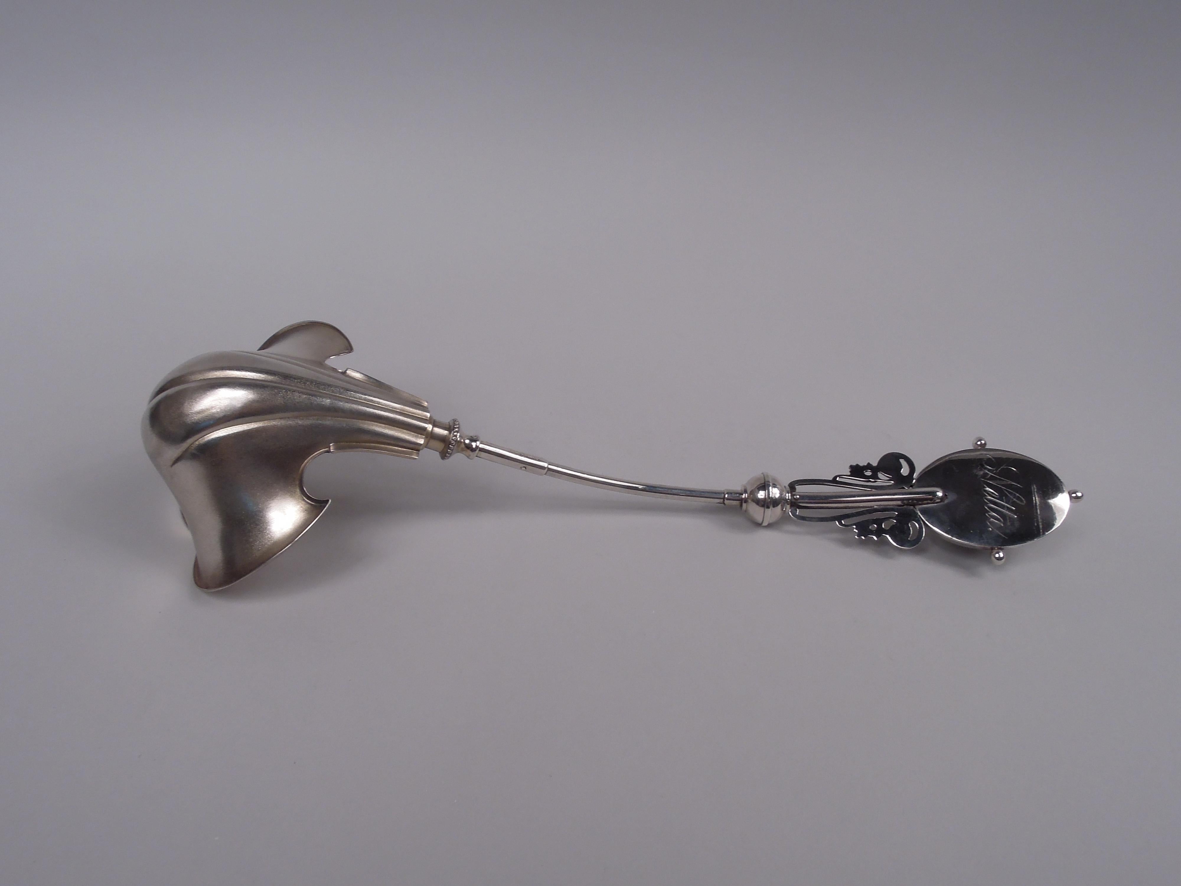 Victorian sterling silver punch ladle. Made by Wood & Hughes in New York, ca 1870. Medallion-inspired terminal with cast bust of gallant lady mounted to stippled and beaded oval on leafing scroll mount. Knopped and beaded round stem; bowl lobed and